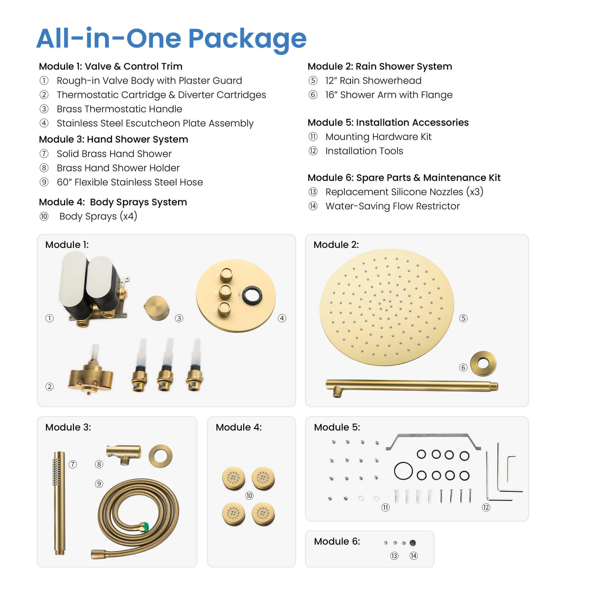 Halo 3-Function Thermostatic Complete Shower Faucet Set with Wall-Mount Rainshower, Handheld Shower, and Body Jets - CSF-4025