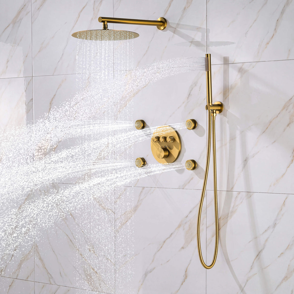 Halo 3-Function Thermostatic Complete Shower Faucet Set with Wall-Mount Rainshower, Handheld Shower, and Body Jets - CSF-4025