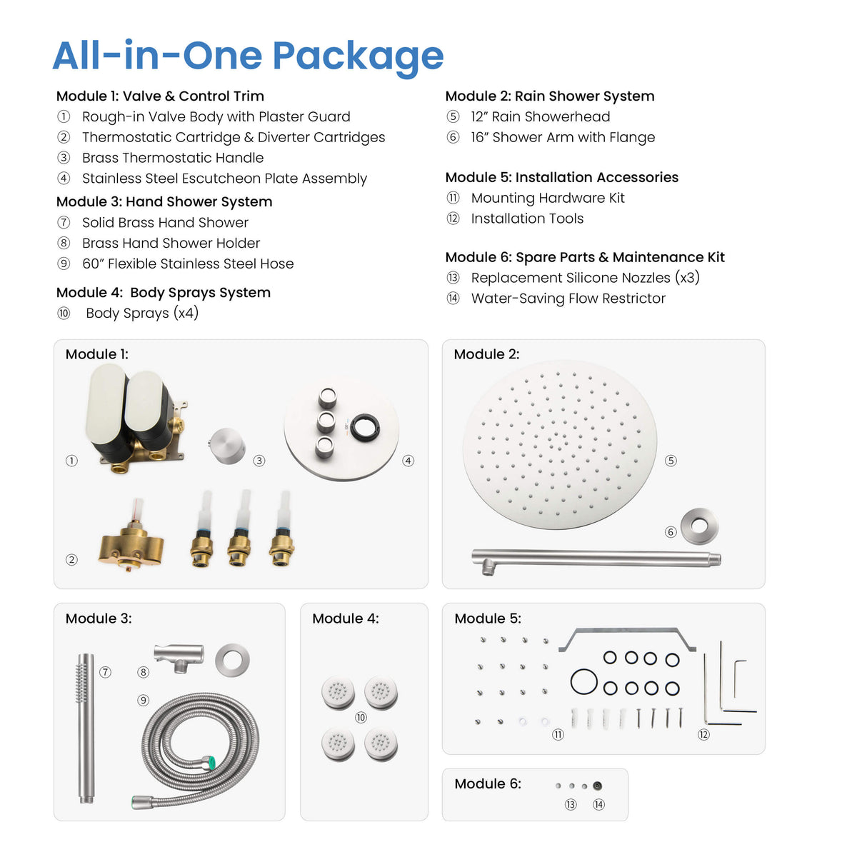 Halo 3-Function Thermostatic Complete Shower Faucet Set with Wall-Mount Rainshower, Handheld Shower, and Body Jets - CSF-4025