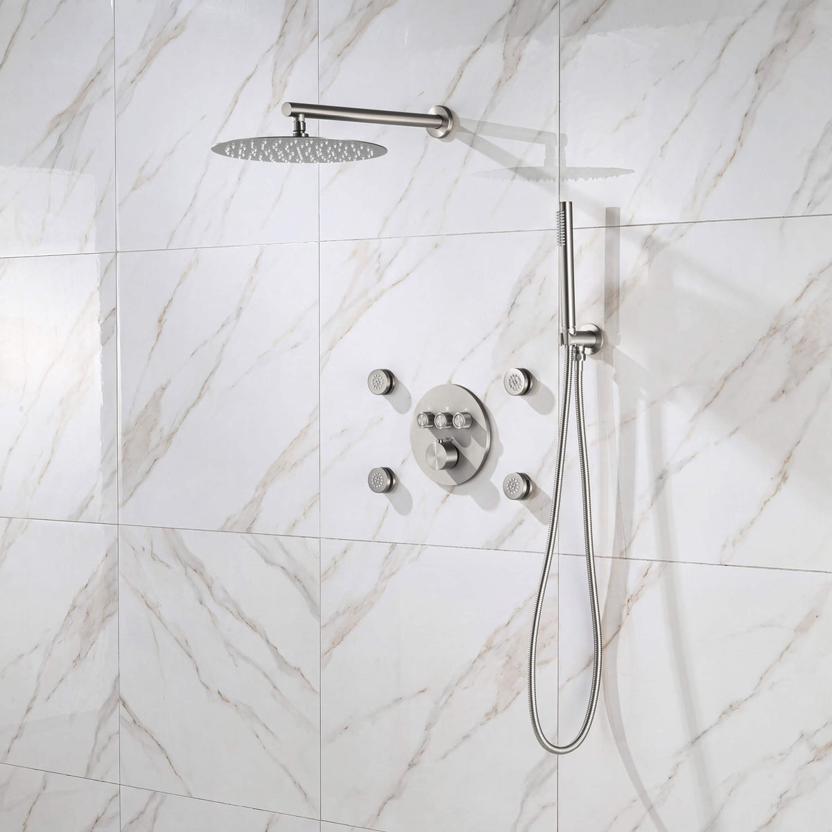 Halo 3-Function Thermostatic Complete Shower Faucet Set with Wall-Mount Rainshower, Handheld Shower, and Body Jets - CSF-4025
