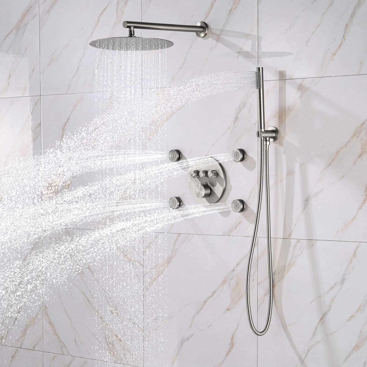 Halo 3-Function Thermostatic Complete Shower Faucet Set with Wall-Mount Rainshower, Handheld Shower, and Body Jets - CSF-4025
