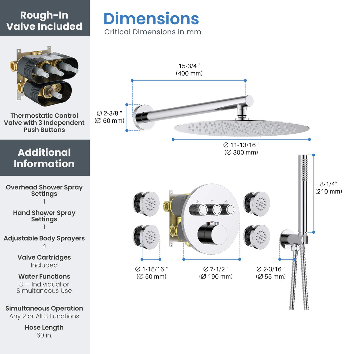 Halo 3-Function Thermostatic Complete Shower Faucet Set with Wall-Mount Rainshower, Handheld Shower, and Body Jets - CSF-4025