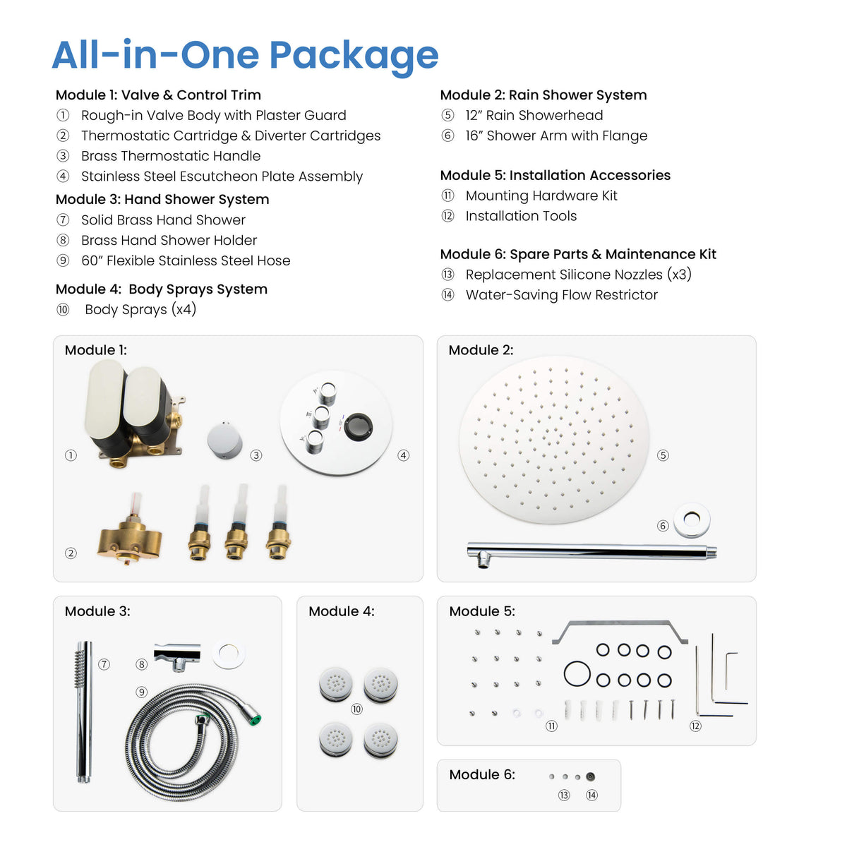 Halo 3-Function Thermostatic Complete Shower Faucet Set with Wall-Mount Rainshower, Handheld Shower, and Body Jets - CSF-4025