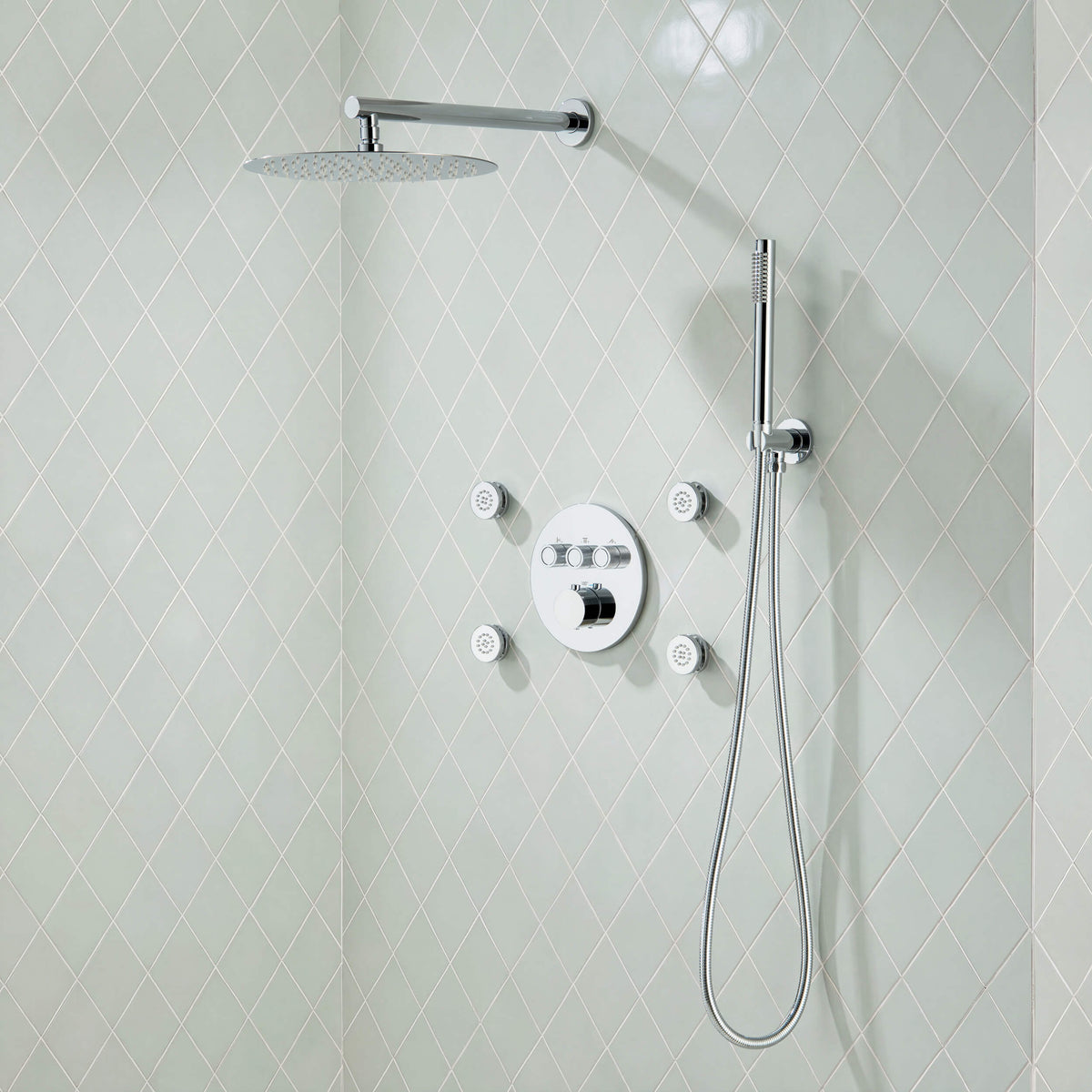 Halo 3-Function Thermostatic Complete Shower Faucet Set with Wall-Mount Rainshower, Handheld Shower, and Body Jets - CSF-4025