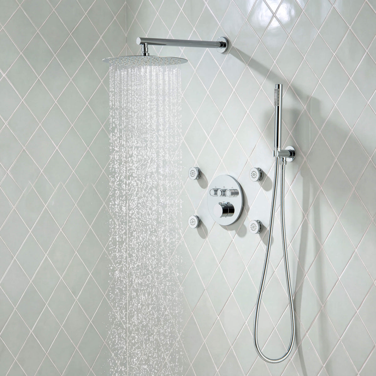 Halo 3-Function Thermostatic Complete Shower Faucet Set with Wall-Mount Rainshower, Handheld Shower, and Body Jets - CSF-4025