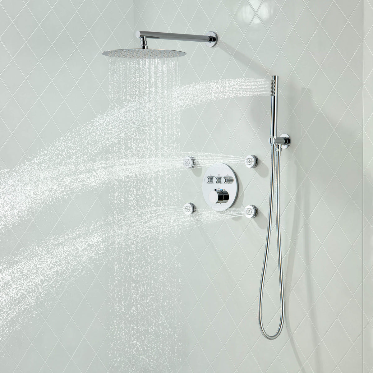 Halo 3-Function Thermostatic Complete Shower Faucet Set with Wall-Mount Rainshower, Handheld Shower, and Body Jets - CSF-4025