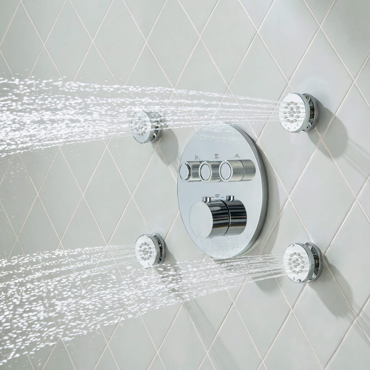 Halo 3-Function Thermostatic Complete Shower Faucet Set with Wall-Mount Rainshower, Handheld Shower, and Body Jets - CSF-4025