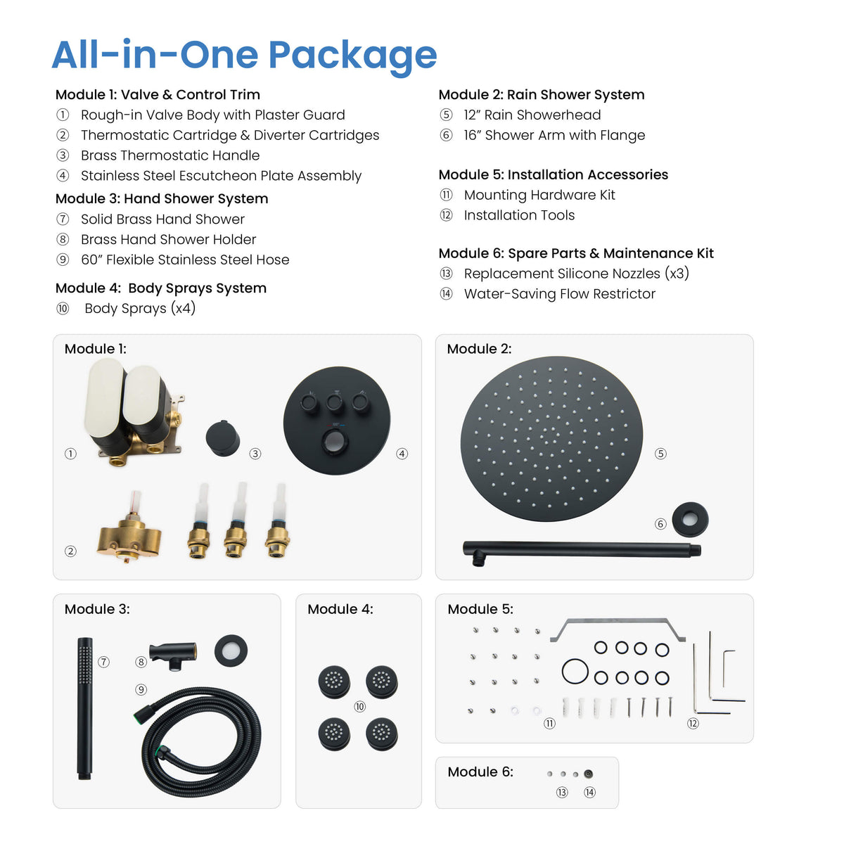 Halo 3-Function Thermostatic Complete Shower Faucet Set with Wall-Mount Rainshower, Handheld Shower, and Body Jets - CSF-4025