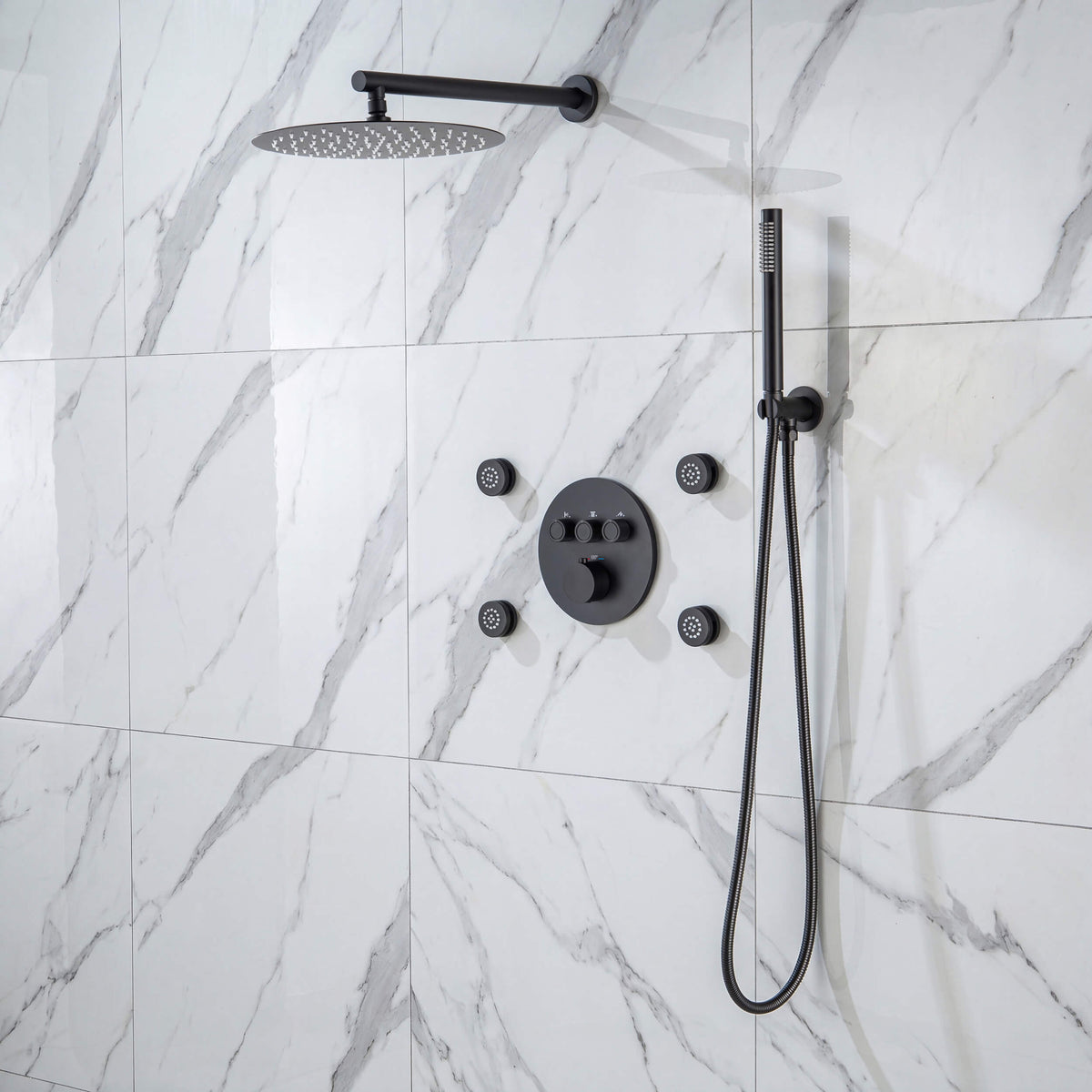 Halo 3-Function Thermostatic Complete Shower Faucet Set with Wall-Mount Rainshower, Handheld Shower, and Body Jets - CSF-4025