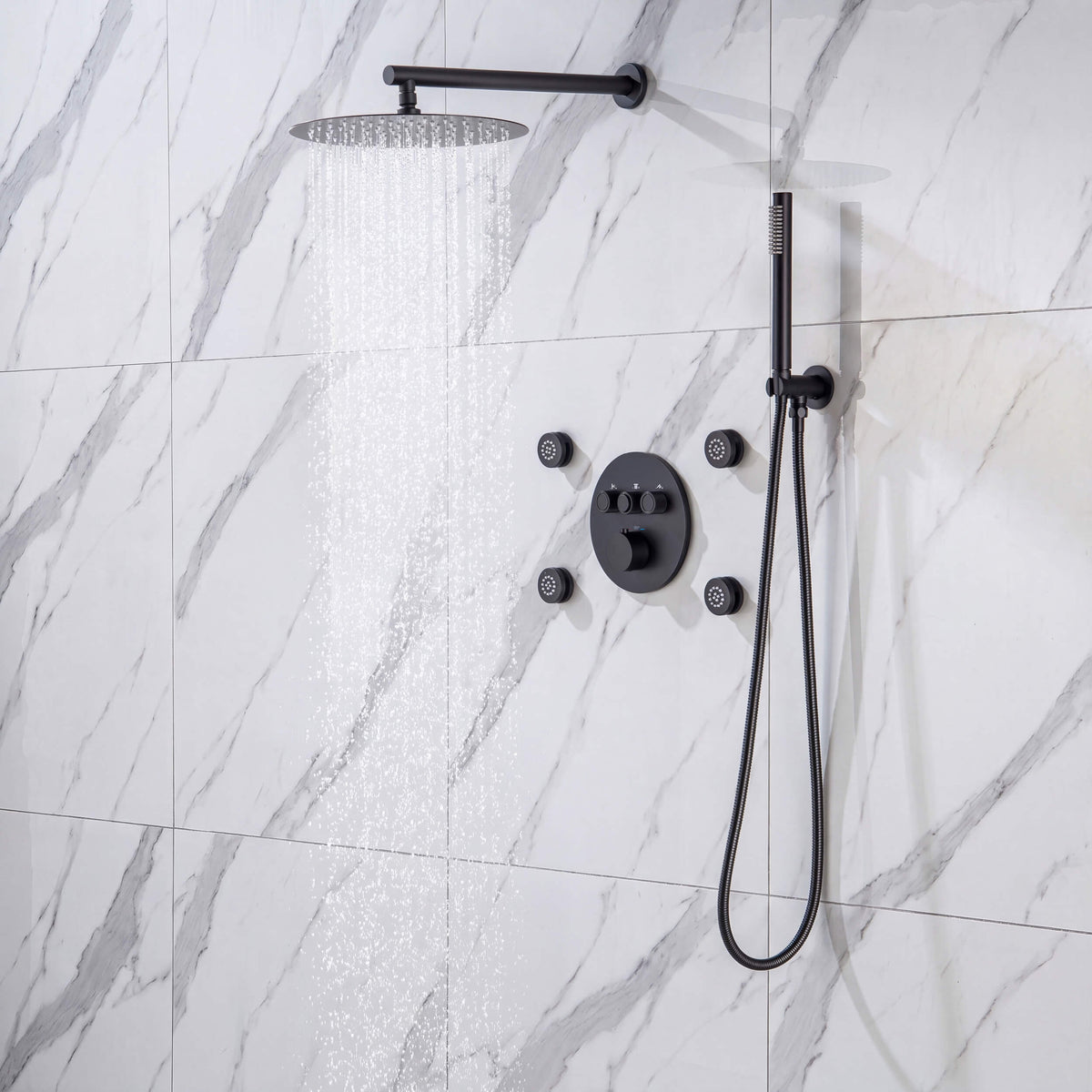 Halo 3-Function Thermostatic Complete Shower Faucet Set with Wall-Mount Rainshower, Handheld Shower, and Body Jets - CSF-4025