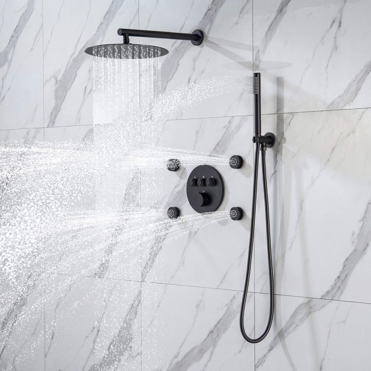 Halo 3-Function Thermostatic Complete Shower Faucet Set with Wall-Mount Rainshower, Handheld Shower, and Body Jets - CSF-4025