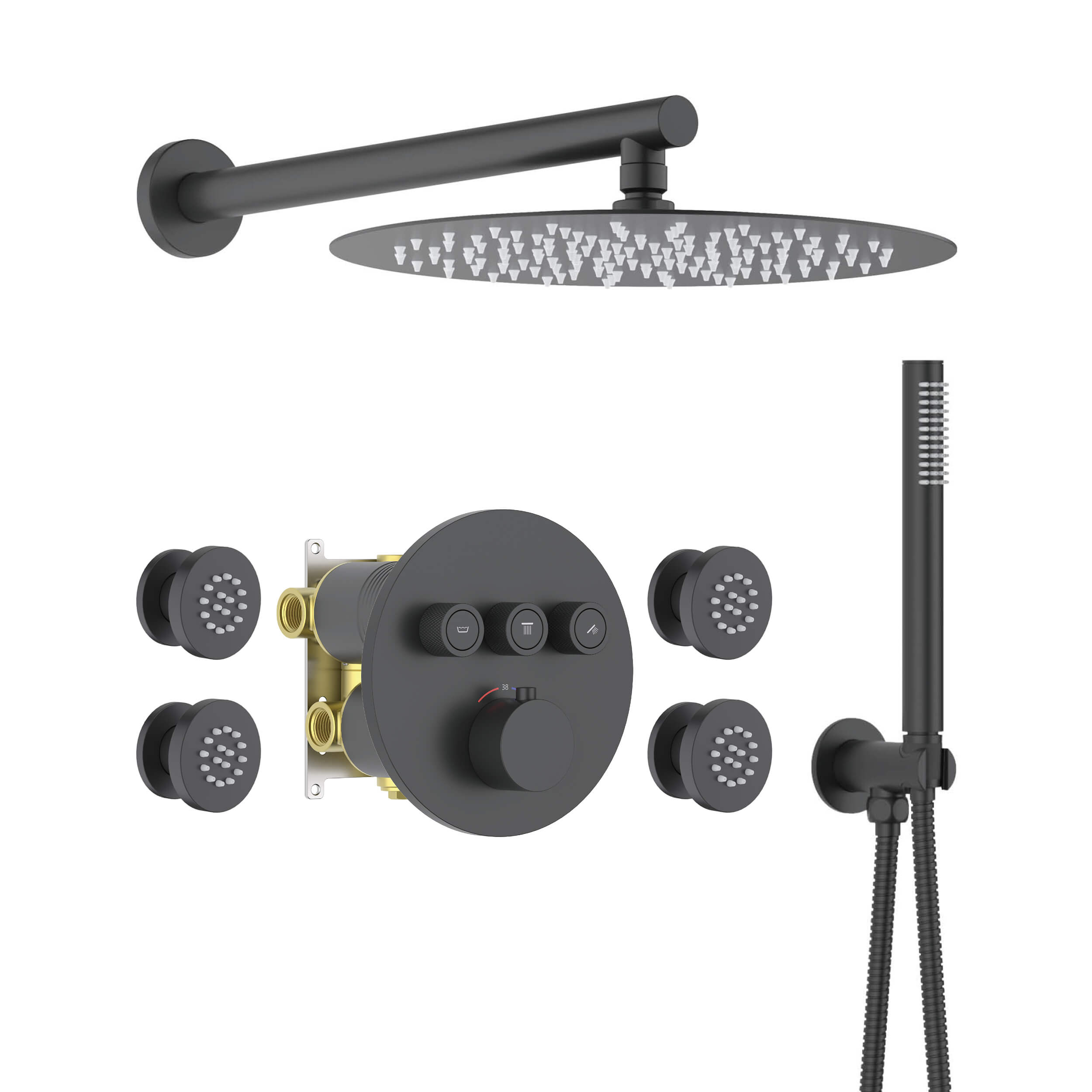 Halo 3-Function Thermostatic Complete Shower Faucet Set with Wall-Mount Rainshower, Handheld Shower, and Body Jets - CSF-4025
