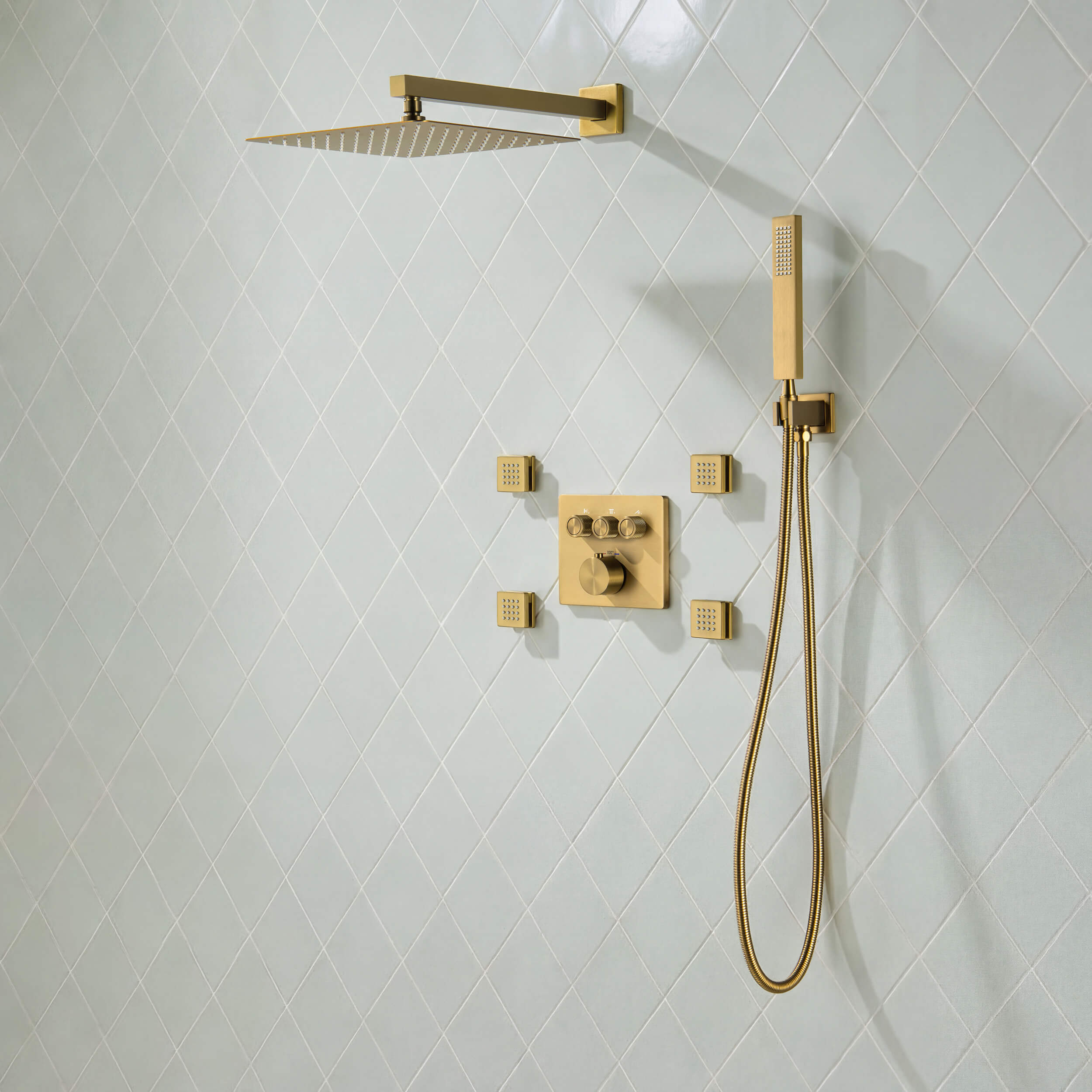 Quadra 3-Function Thermostatic Complete Shower Faucet Set with Wall-Mount Rainshower, Handheld Shower, and Body Jets - CSF-4026