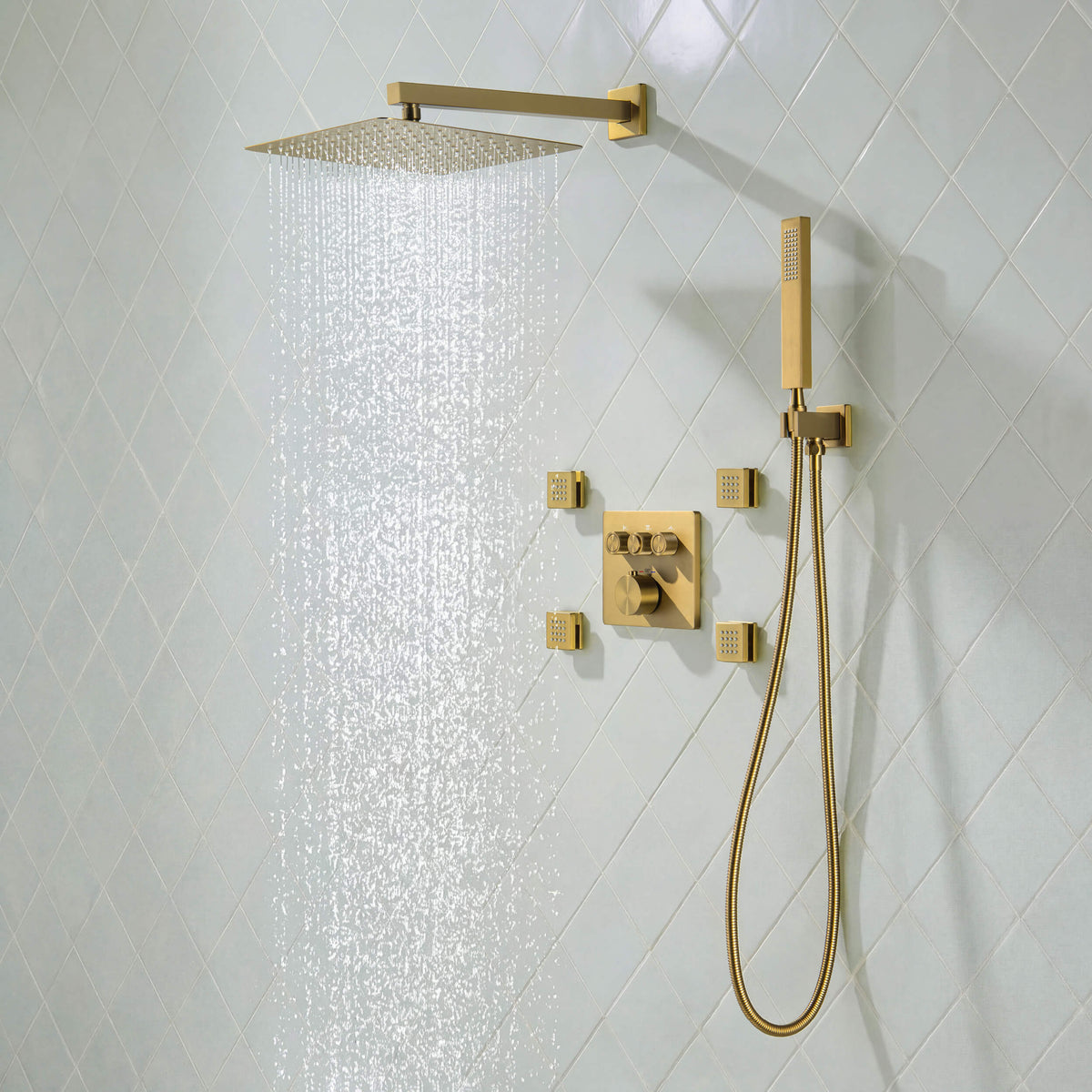 Quadra 3-Function Thermostatic Complete Shower Faucet Set with Wall-Mount Rainshower, Handheld Shower, and Body Jets - CSF-4026