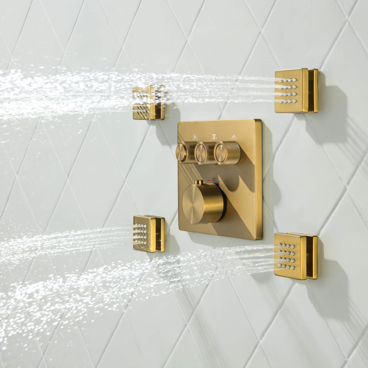 Quadra 3-Function Thermostatic Complete Shower Faucet Set with Wall-Mount Rainshower, Handheld Shower, and Body Jets - CSF-4026