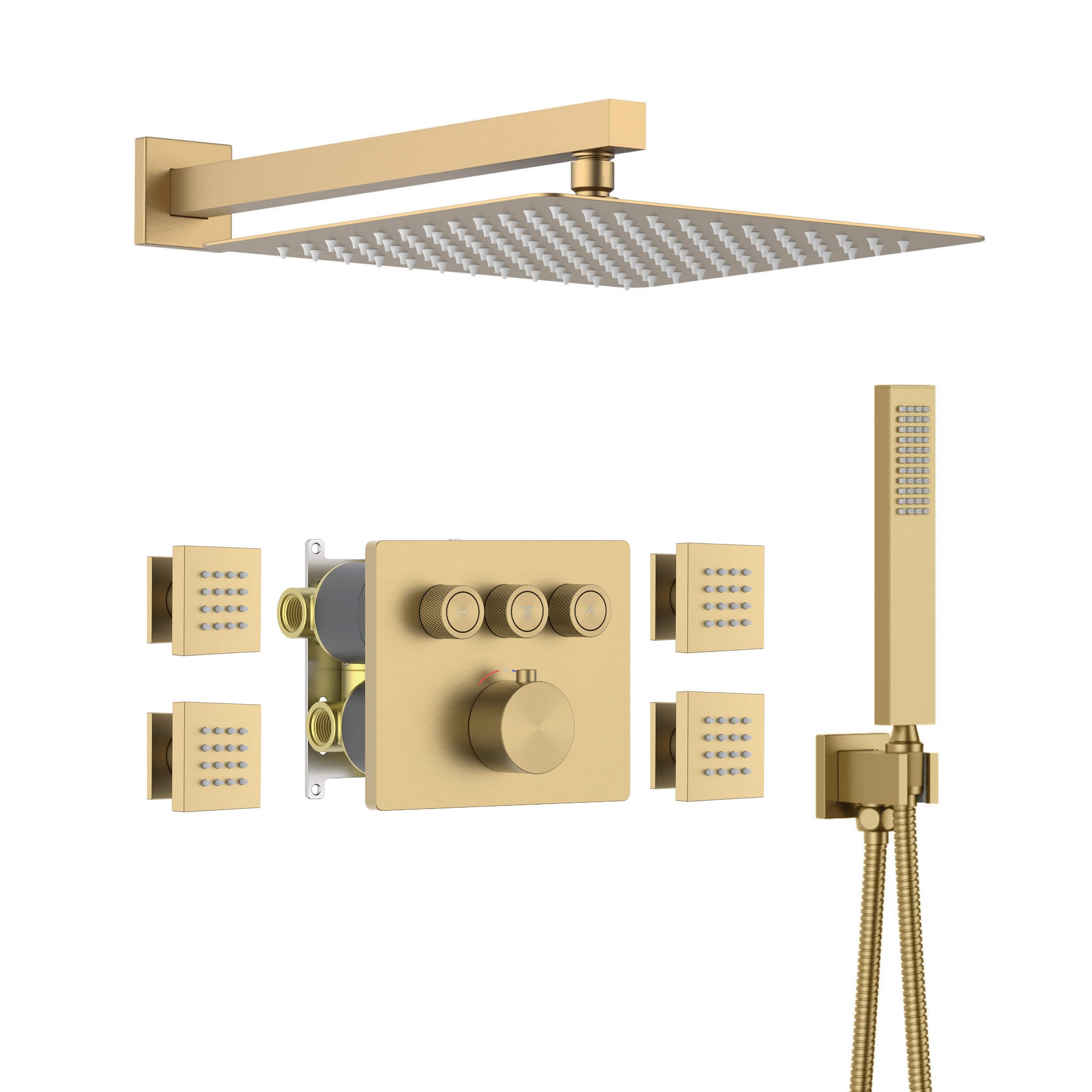 Quadra 3-Function Thermostatic Complete Shower Faucet Set with Wall-Mount Rainshower, Handheld Shower, and Body Jets - CSF-4026