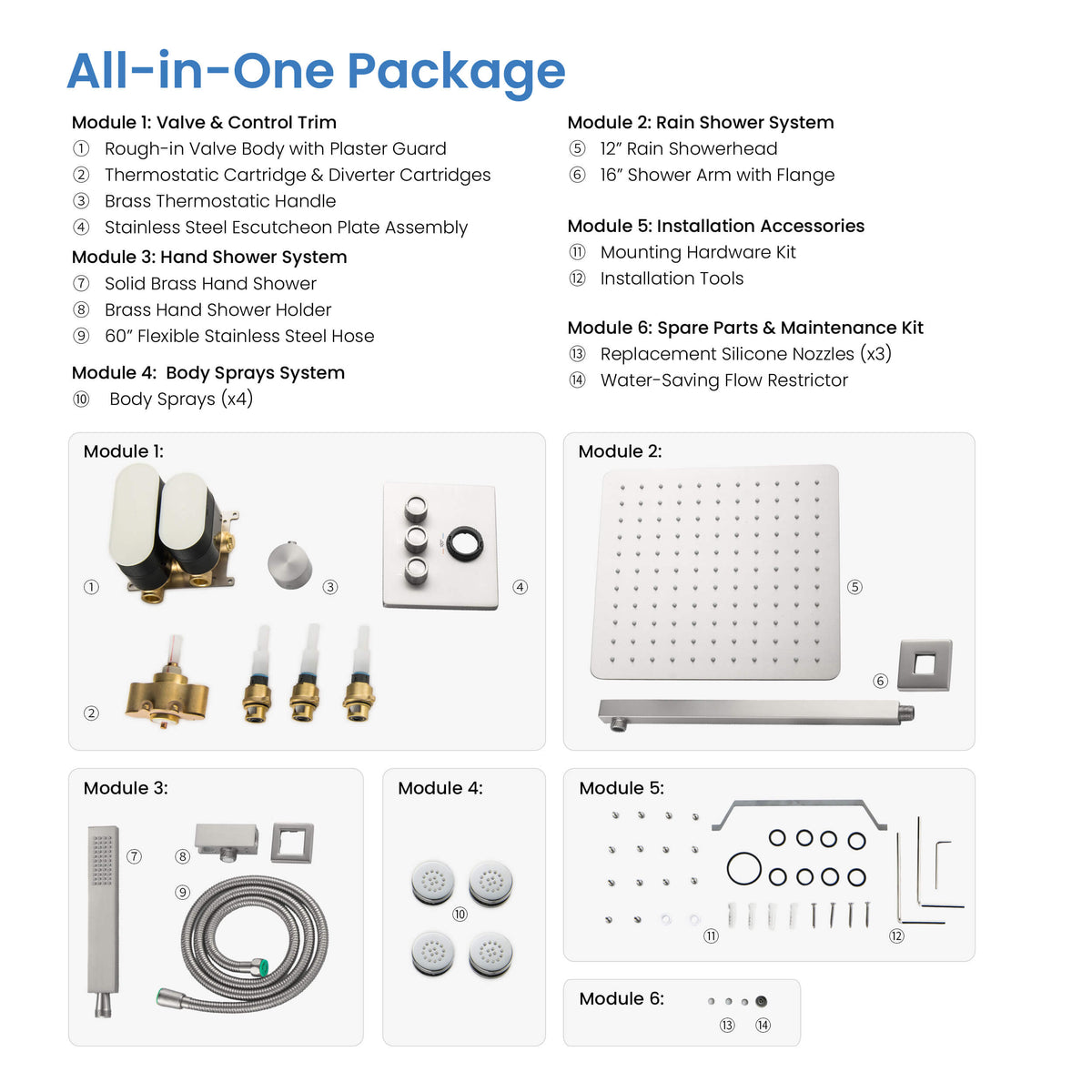 Quadra 3-Function Thermostatic Complete Shower Faucet Set with Wall-Mount Rainshower, Handheld Shower, and Body Jets - CSF-4026