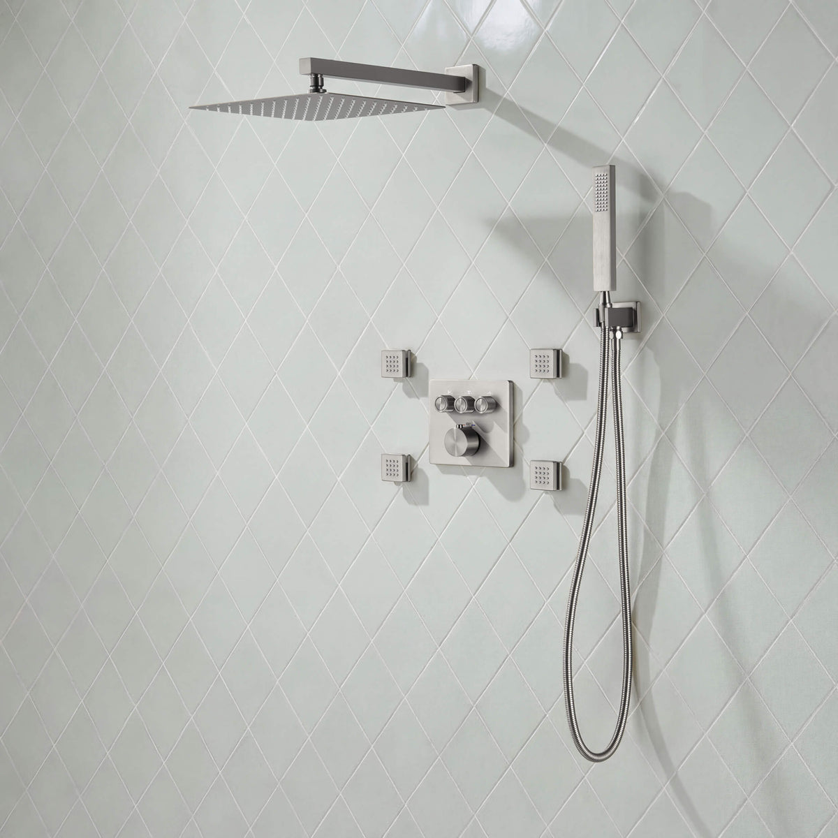 Quadra 3-Function Thermostatic Complete Shower Faucet Set with Wall-Mount Rainshower, Handheld Shower, and Body Jets - CSF-4026