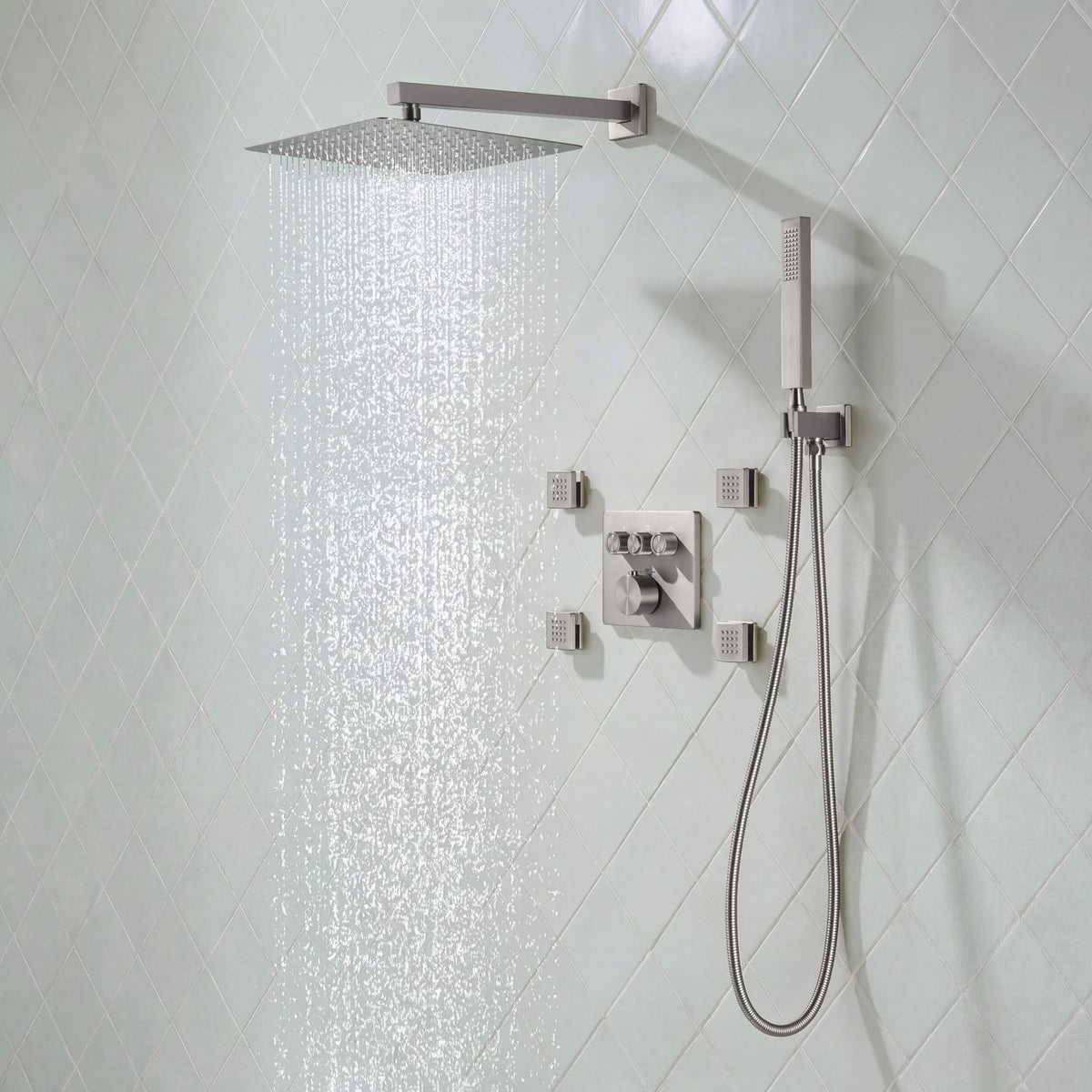Quadra 3-Function Thermostatic Complete Shower Faucet Set with Wall-Mount Rainshower, Handheld Shower, and Body Jets - CSF-4026