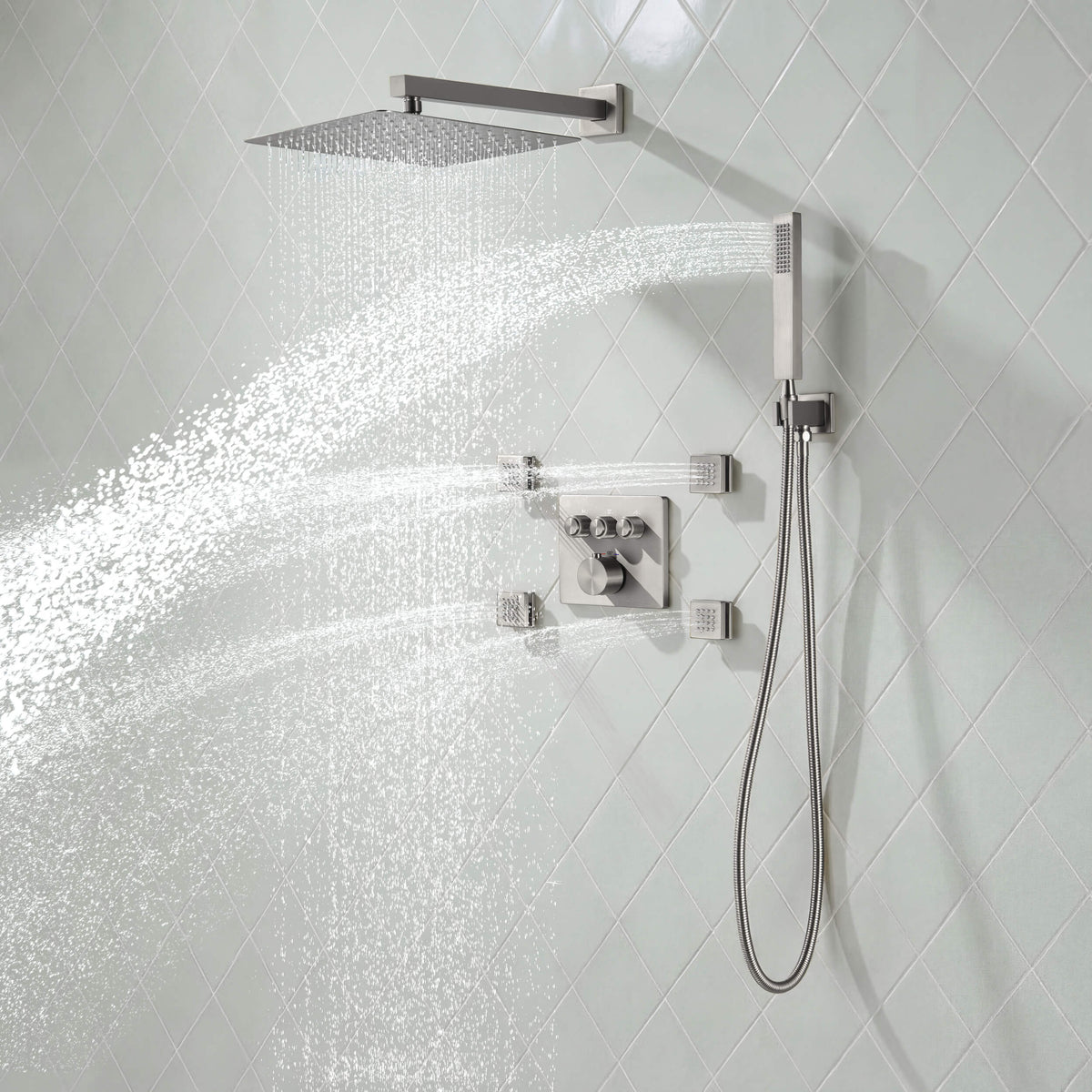 Quadra 3-Function Thermostatic Complete Shower Faucet Set with Wall-Mount Rainshower, Handheld Shower, and Body Jets - CSF-4026