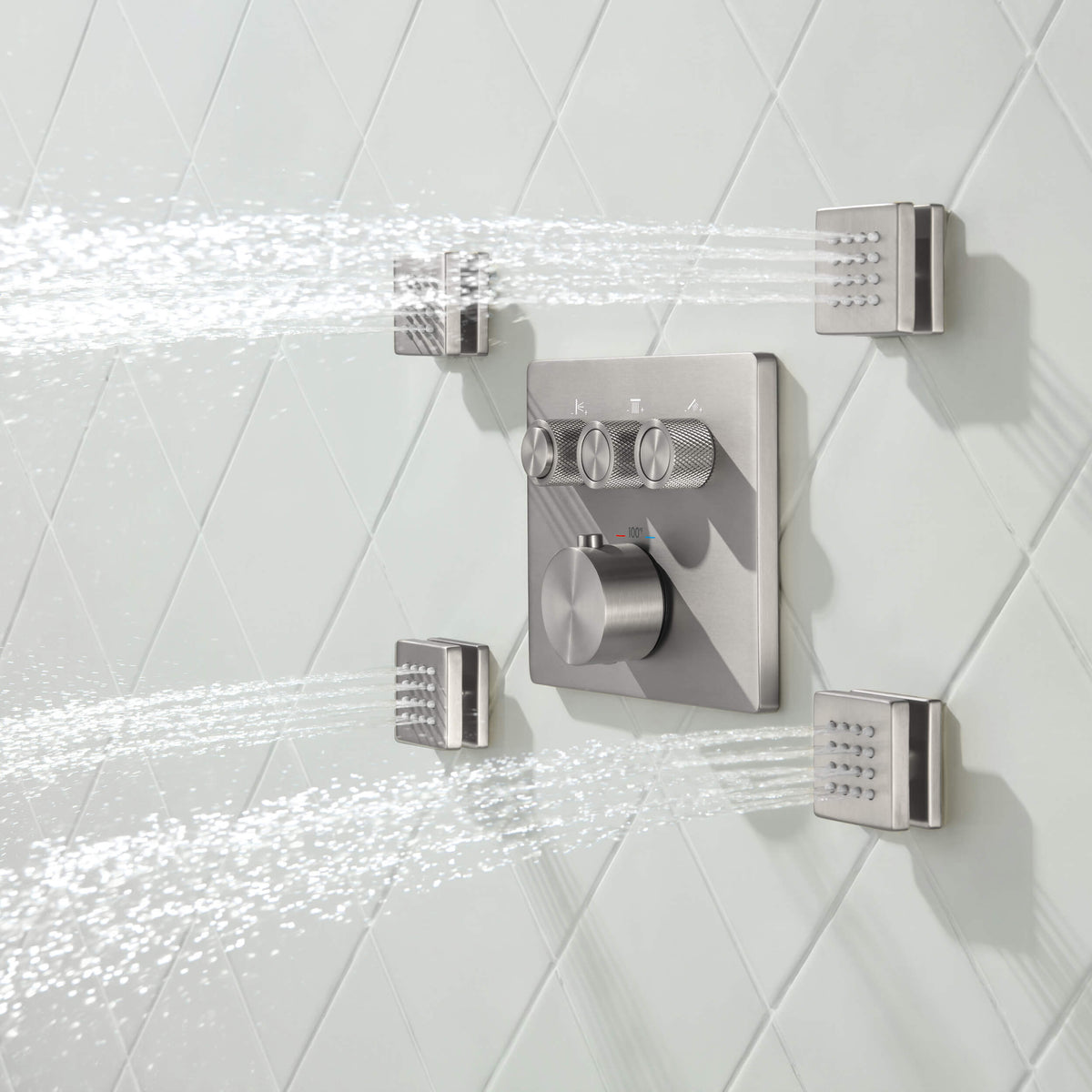 Quadra 3-Function Thermostatic Complete Shower Faucet Set with Wall-Mount Rainshower, Handheld Shower, and Body Jets - CSF-4026