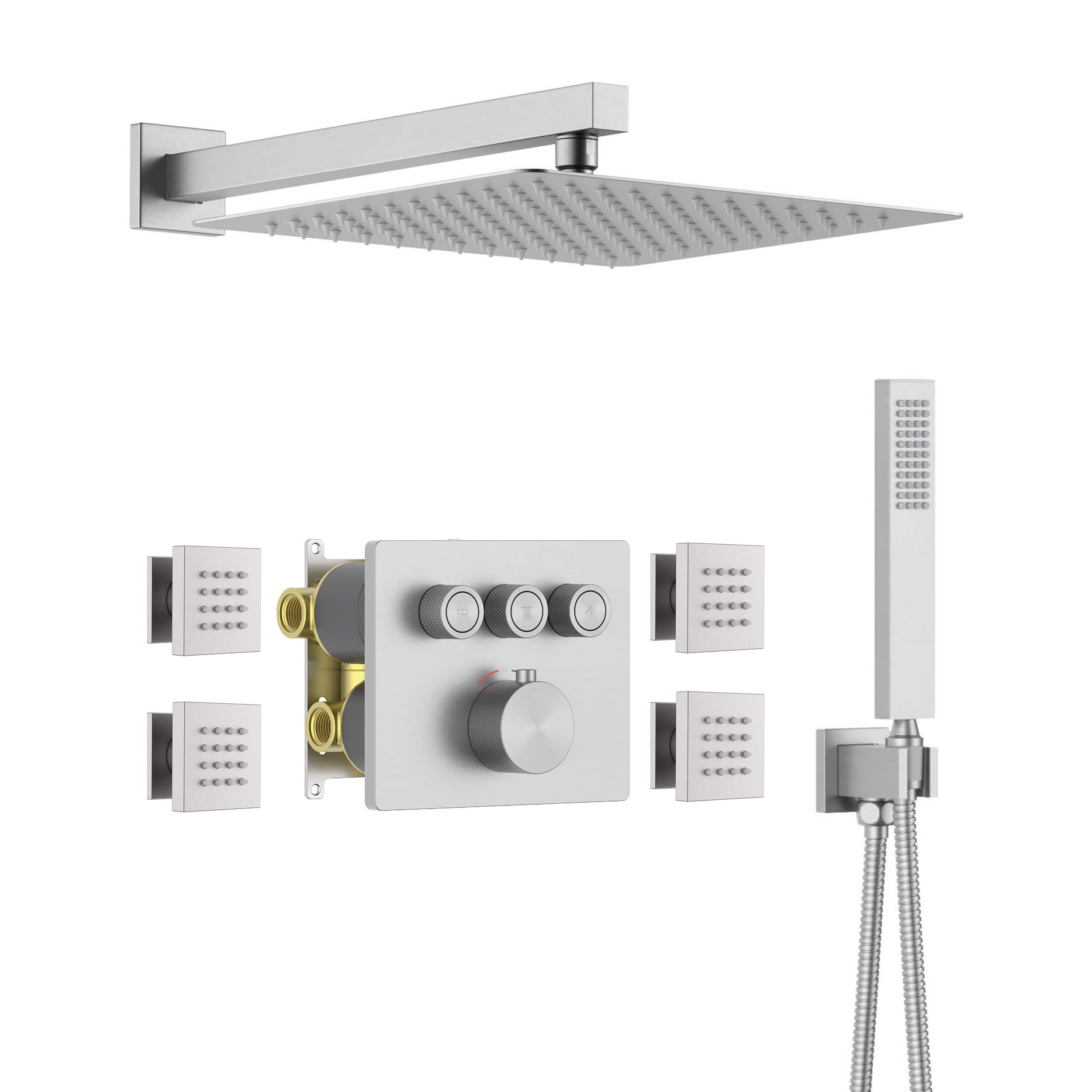 Quadra 3-Function Thermostatic Complete Shower Faucet Set with Wall-Mount Rainshower, Handheld Shower, and Body Jets - CSF-4026
