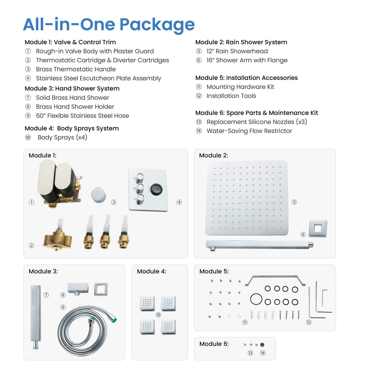 Quadra 3-Function Thermostatic Complete Shower Faucet Set with Wall-Mount Rainshower, Handheld Shower, and Body Jets - CSF-4026