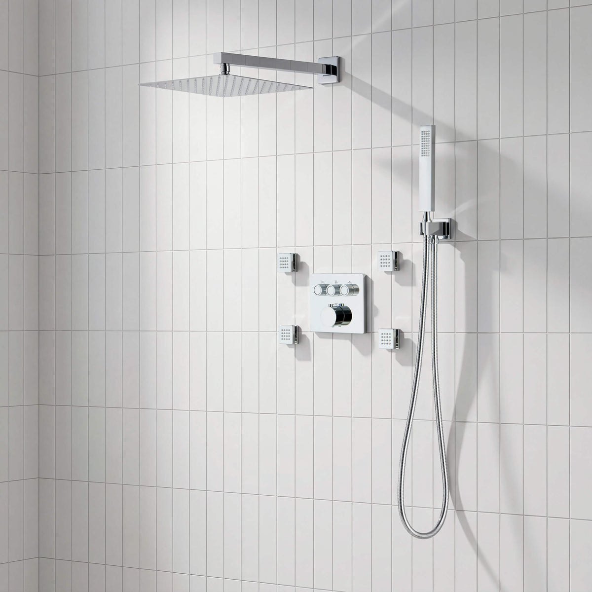 Quadra 3-Function Thermostatic Complete Shower Faucet Set with Wall-Mount Rainshower, Handheld Shower, and Body Jets - CSF-4026