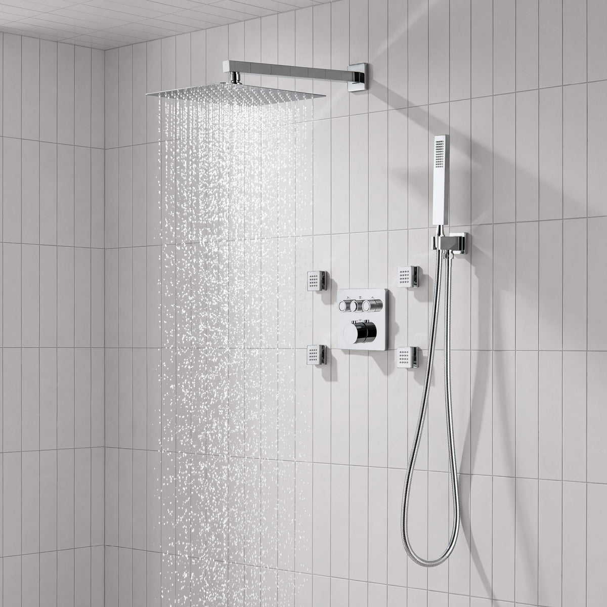 Quadra 3-Function Thermostatic Complete Shower Faucet Set with Wall-Mount Rainshower, Handheld Shower, and Body Jets - CSF-4026