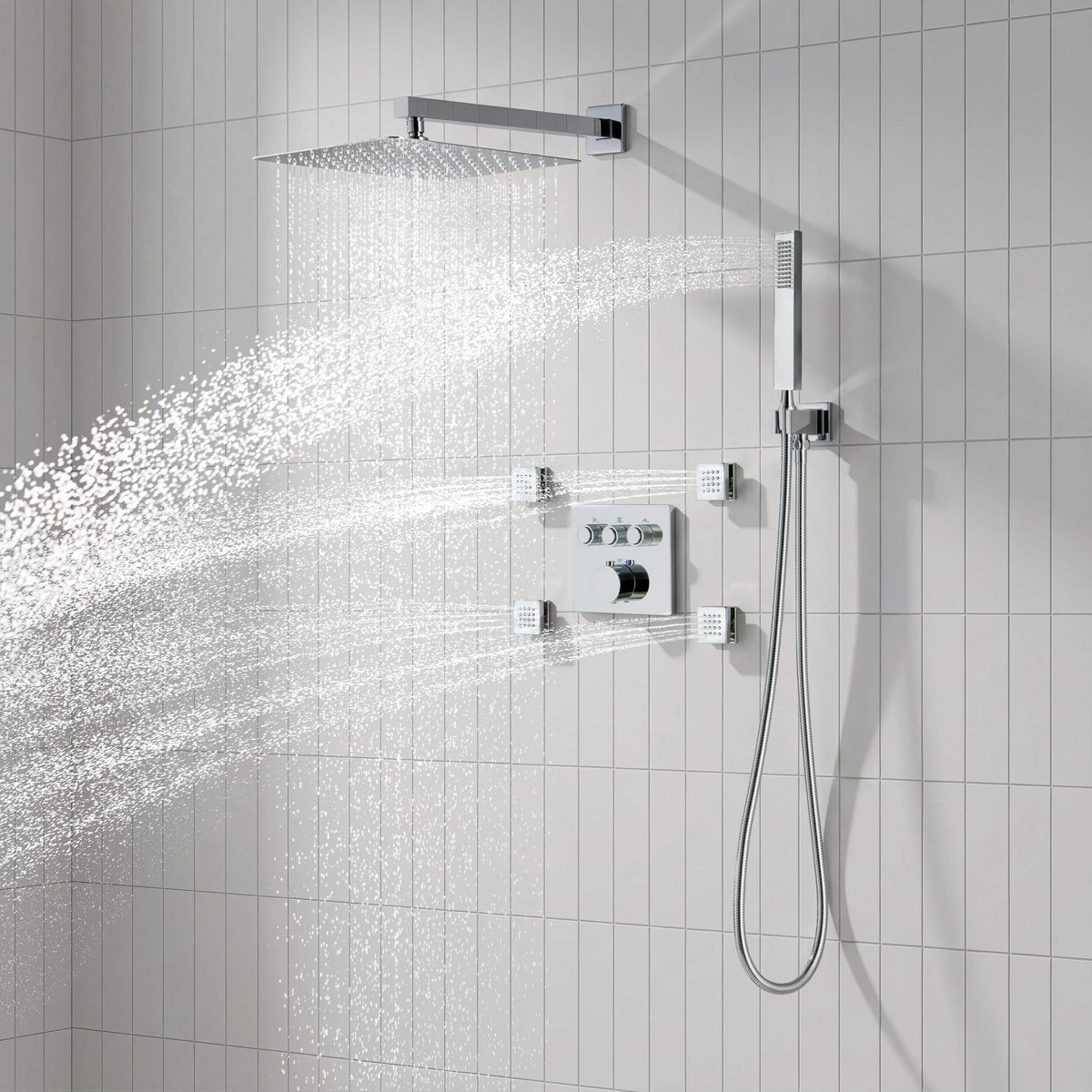 Quadra 3-Function Thermostatic Complete Shower Faucet Set with Wall-Mount Rainshower, Handheld Shower, and Body Jets - CSF-4026