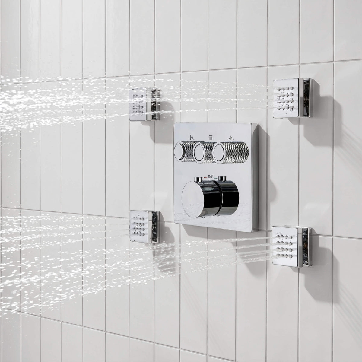 Quadra 3-Function Thermostatic Complete Shower Faucet Set with Wall-Mount Rainshower, Handheld Shower, and Body Jets - CSF-4026
