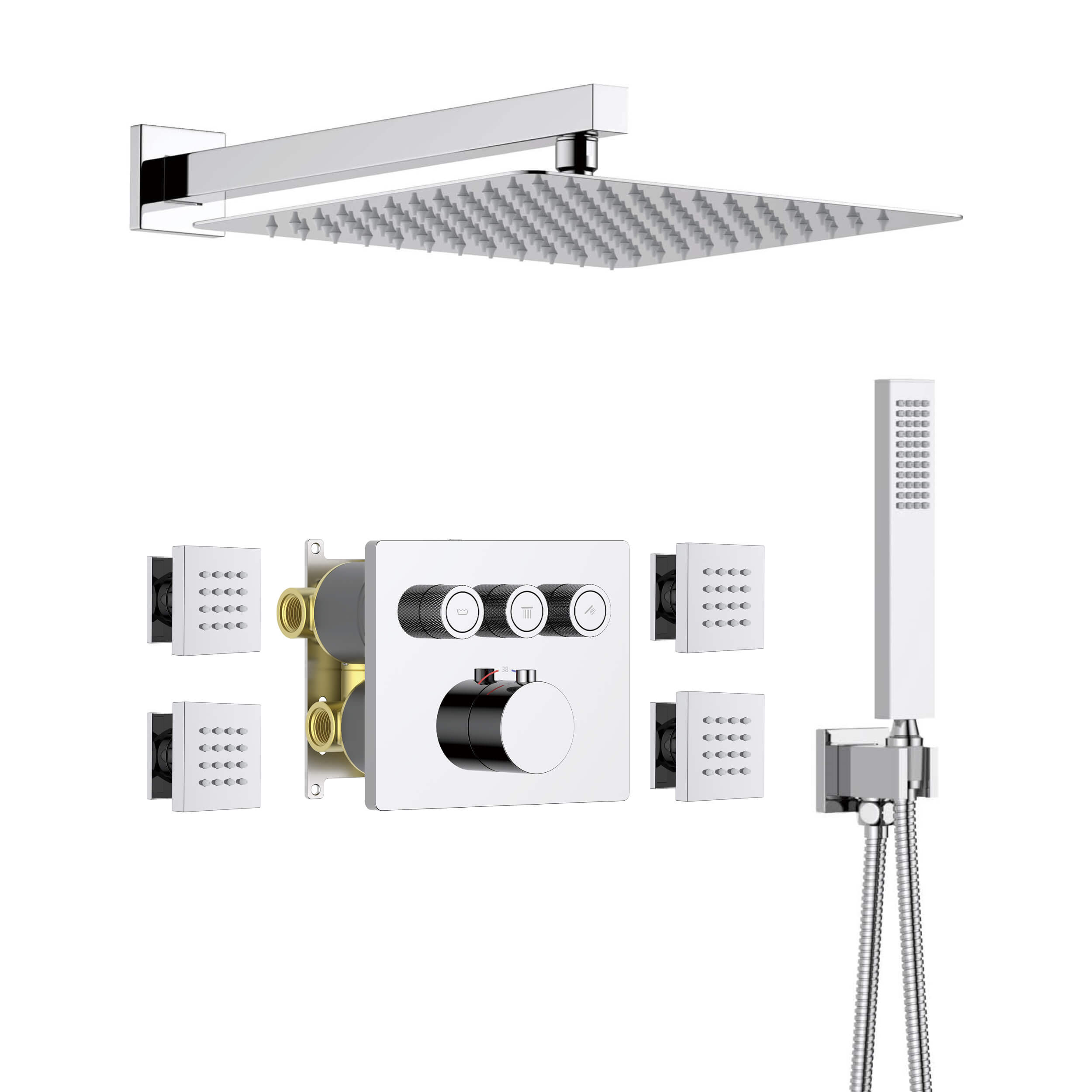 Quadra 3-Function Thermostatic Complete Shower Faucet Set with Wall-Mount Rainshower, Handheld Shower, and Body Jets - CSF-4026