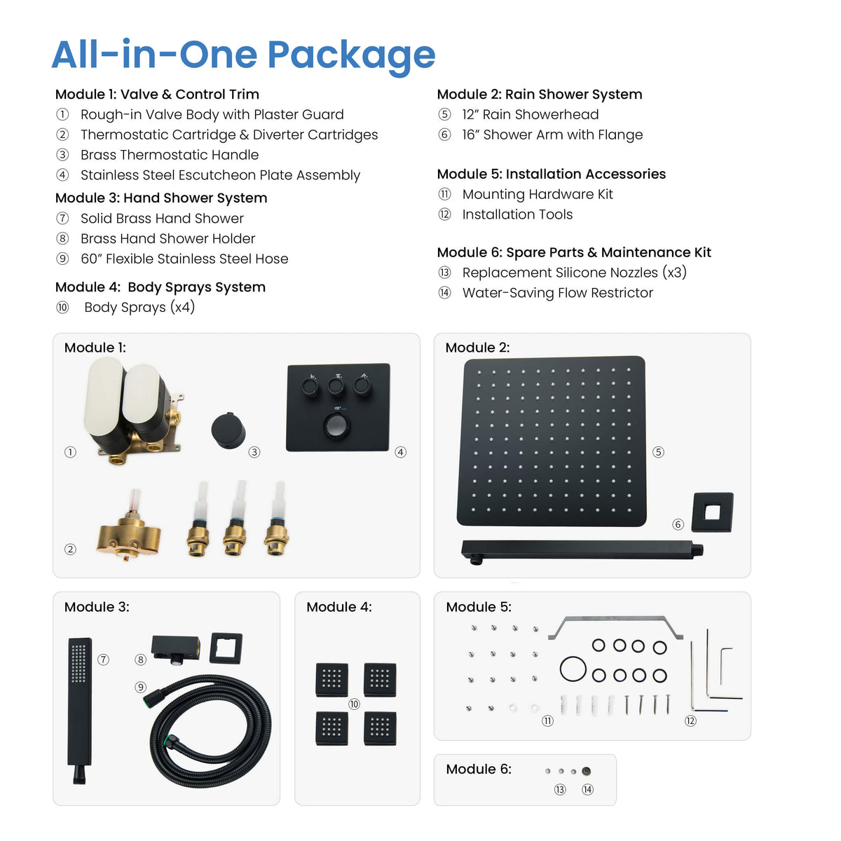 Quadra 3-Function Thermostatic Complete Shower Faucet Set with Wall-Mount Rainshower, Handheld Shower, and Body Jets - CSF-4026