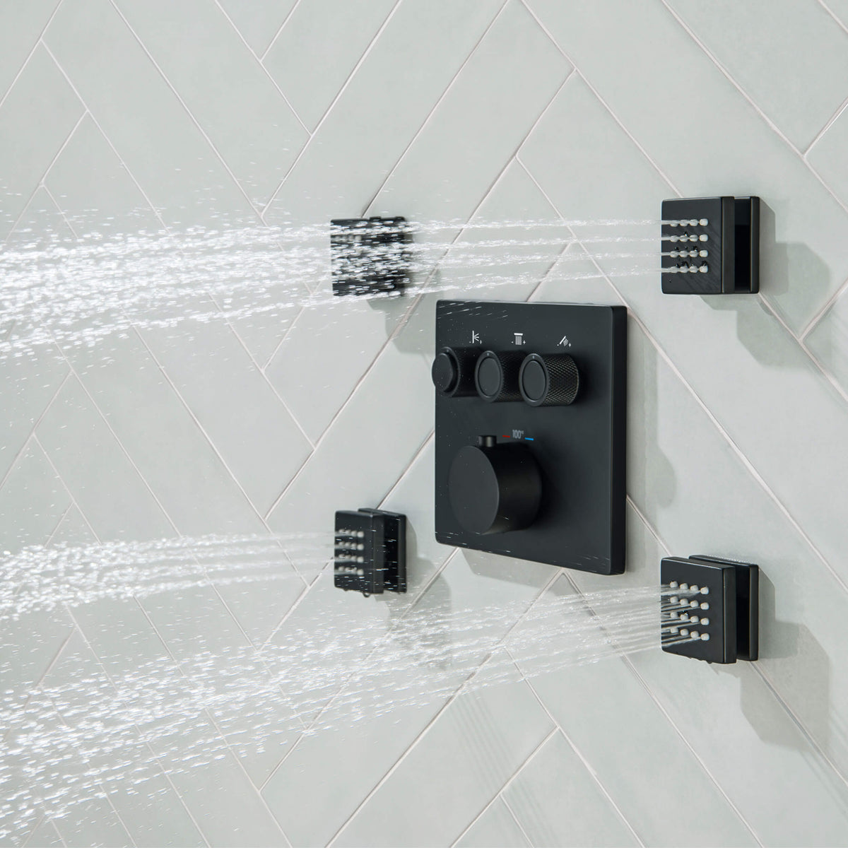 Quadra 3-Function Thermostatic Complete Shower Faucet Set with Wall-Mount Rainshower, Handheld Shower, and Body Jets - CSF-4026
