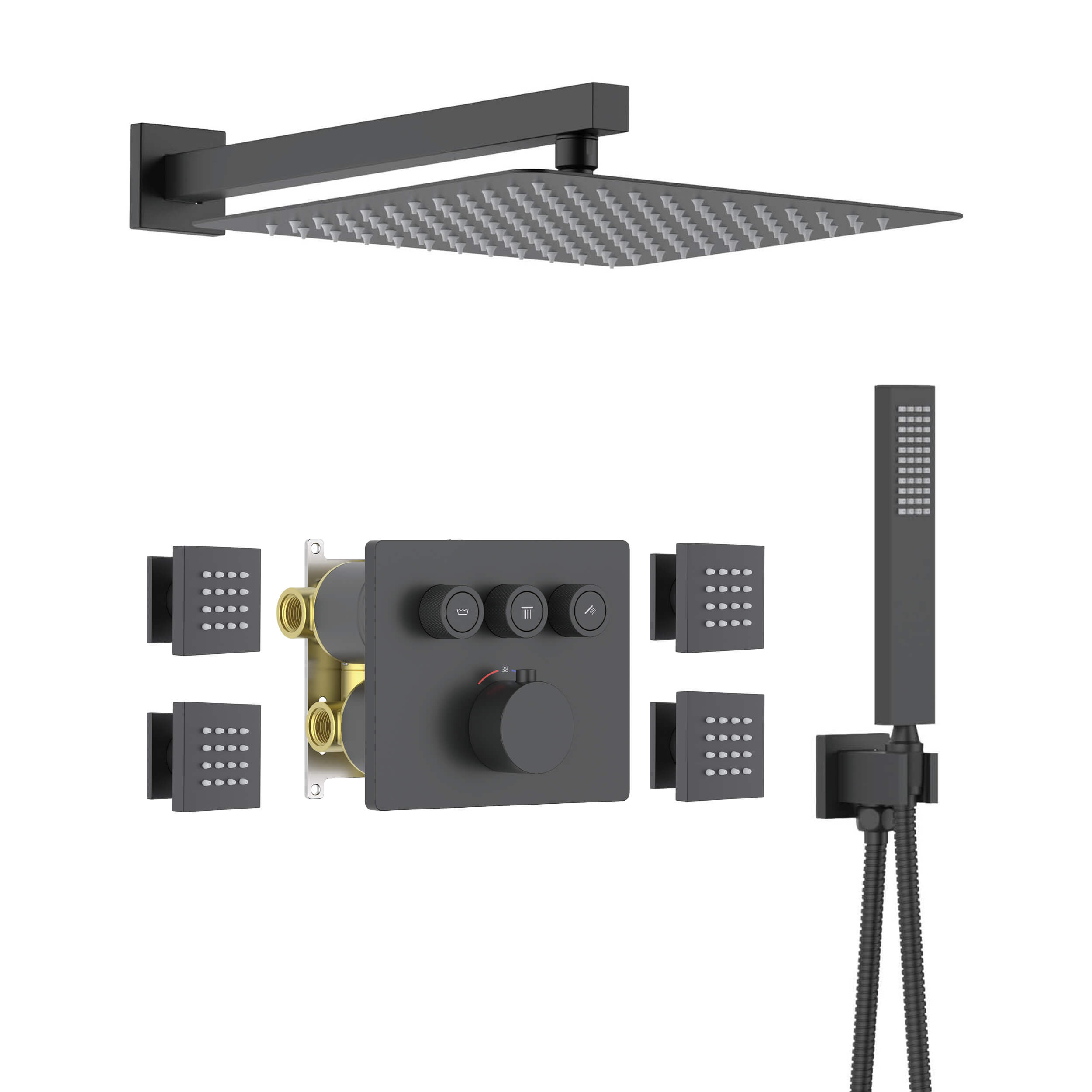 Quadra 3-Function Thermostatic Complete Shower Faucet Set with Wall-Mount Rainshower, Handheld Shower, and Body Jets - CSF-4026