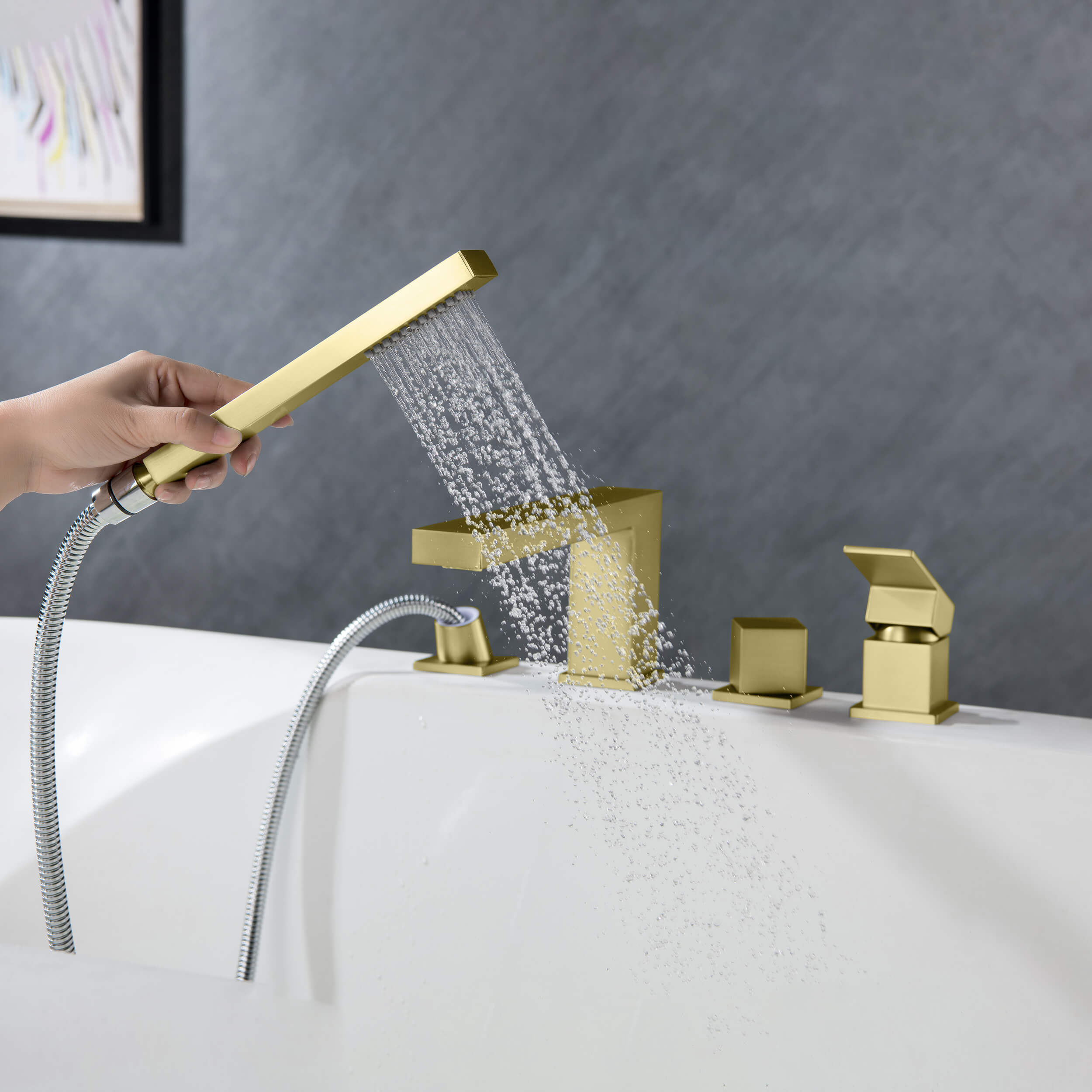 Quadra Deck Mounted Roman Bathtub Faucet with Hand Shower - CTF-3102
