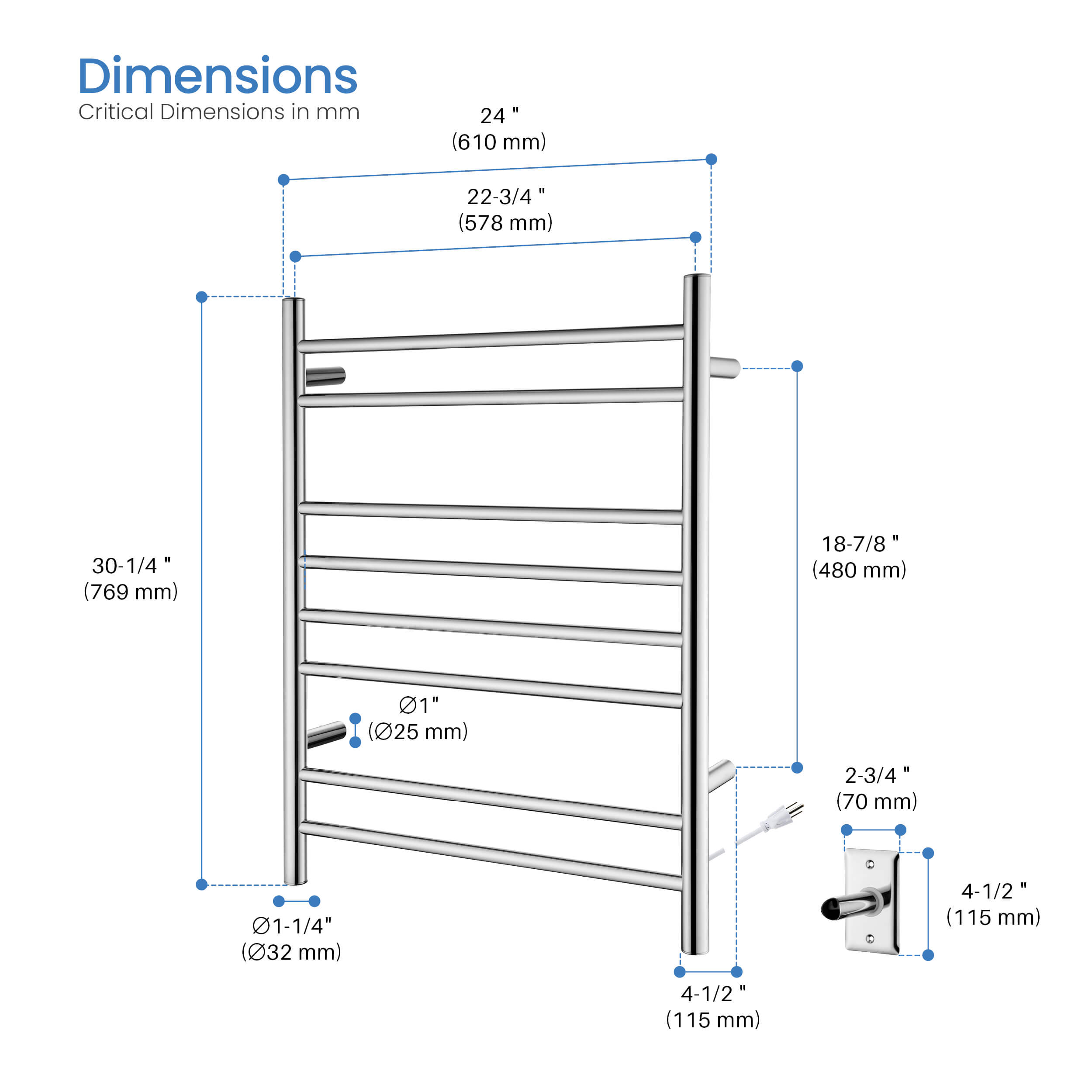 24"W x 30-1/4"H ETL Certified Hardwired/Plug-in Wall Mounted Stainless Steel Towel Warmer
