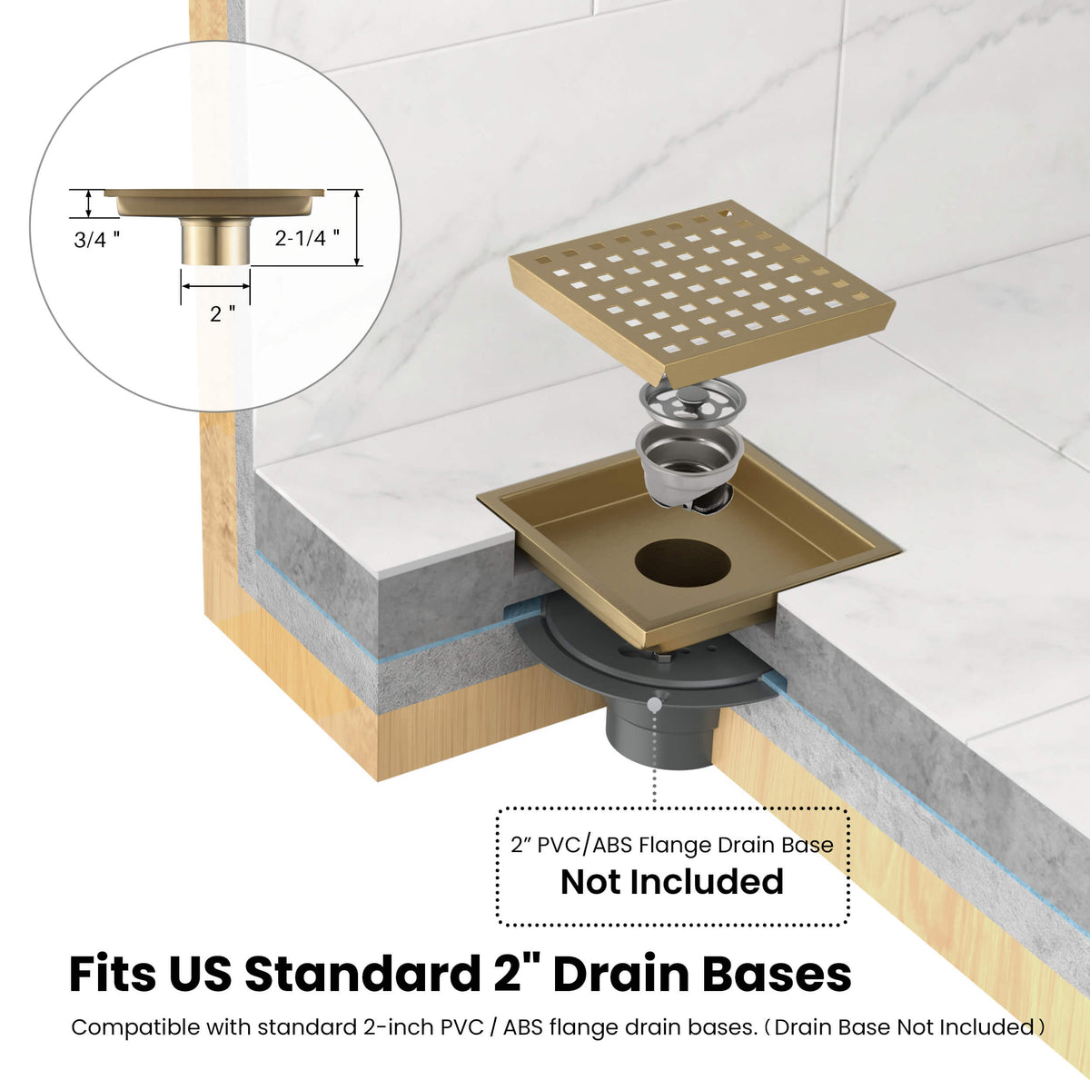 6 inch Square Shower Drain with Square Grid Grate - CFD-0602