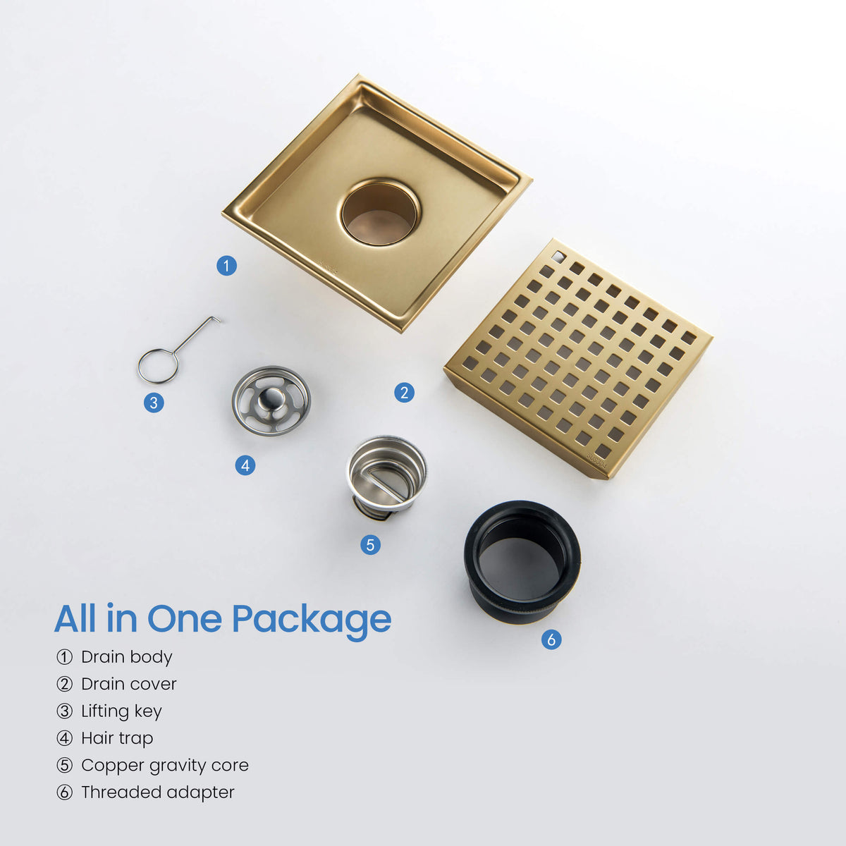 6 inch Square Shower Drain with Square Grid Grate - CFD-0602