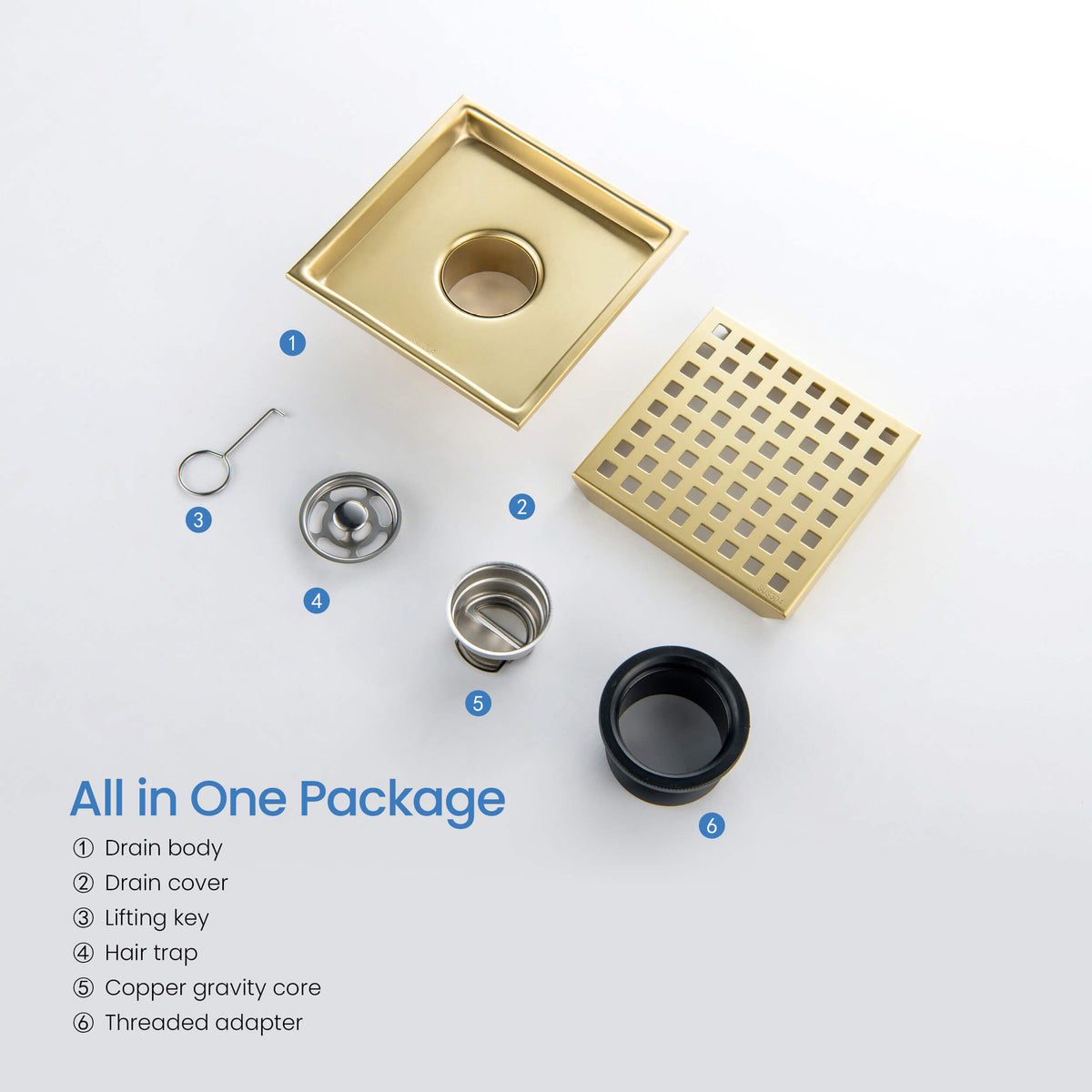 6 inch Square Shower Drain with Square Grid Grate - CFD-0602