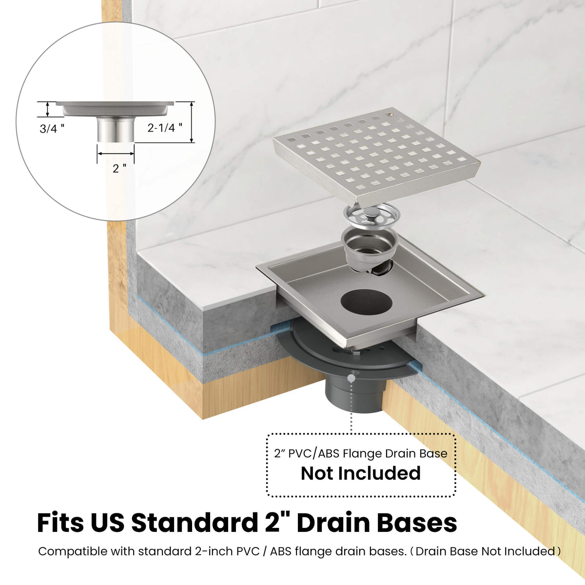 6 inch Square Shower Drain with Square Grid Grate - CFD-0602