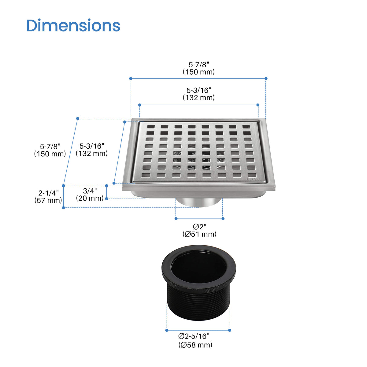 6 inch Square Shower Drain with Square Grid Grate - CFD-0602