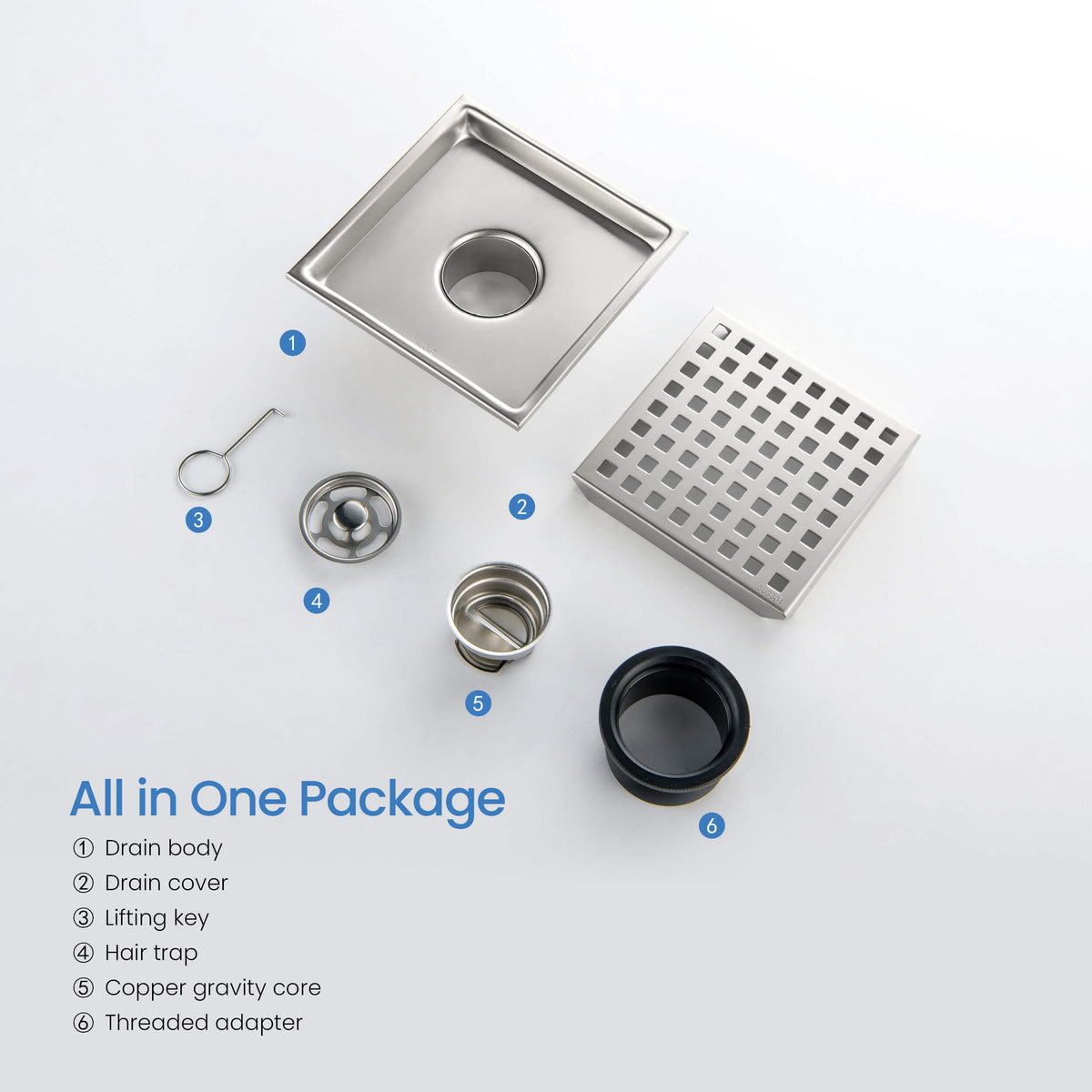 6 inch Square Shower Drain with Square Grid Grate - CFD-0602