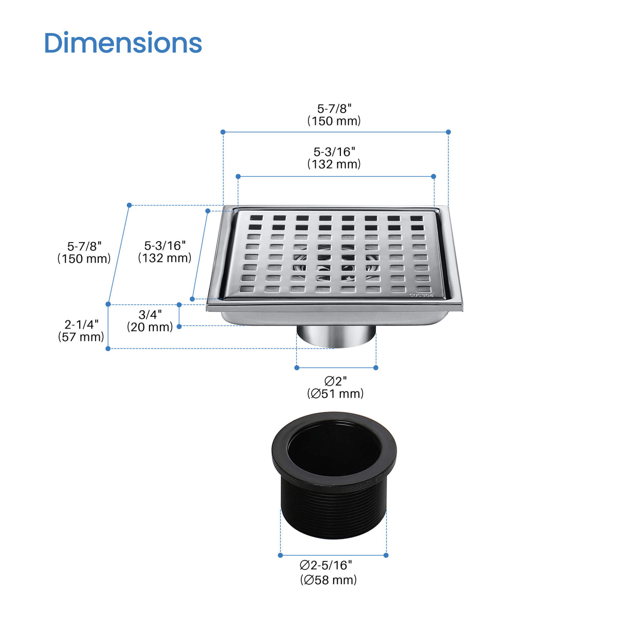 6 inch Square Shower Drain with Square Grid Grate - CFD-0602