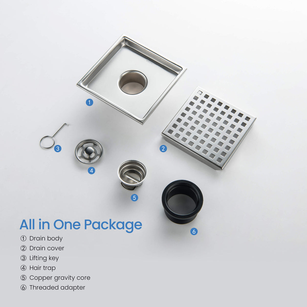 6 inch Square Shower Drain with Square Grid Grate - CFD-0602