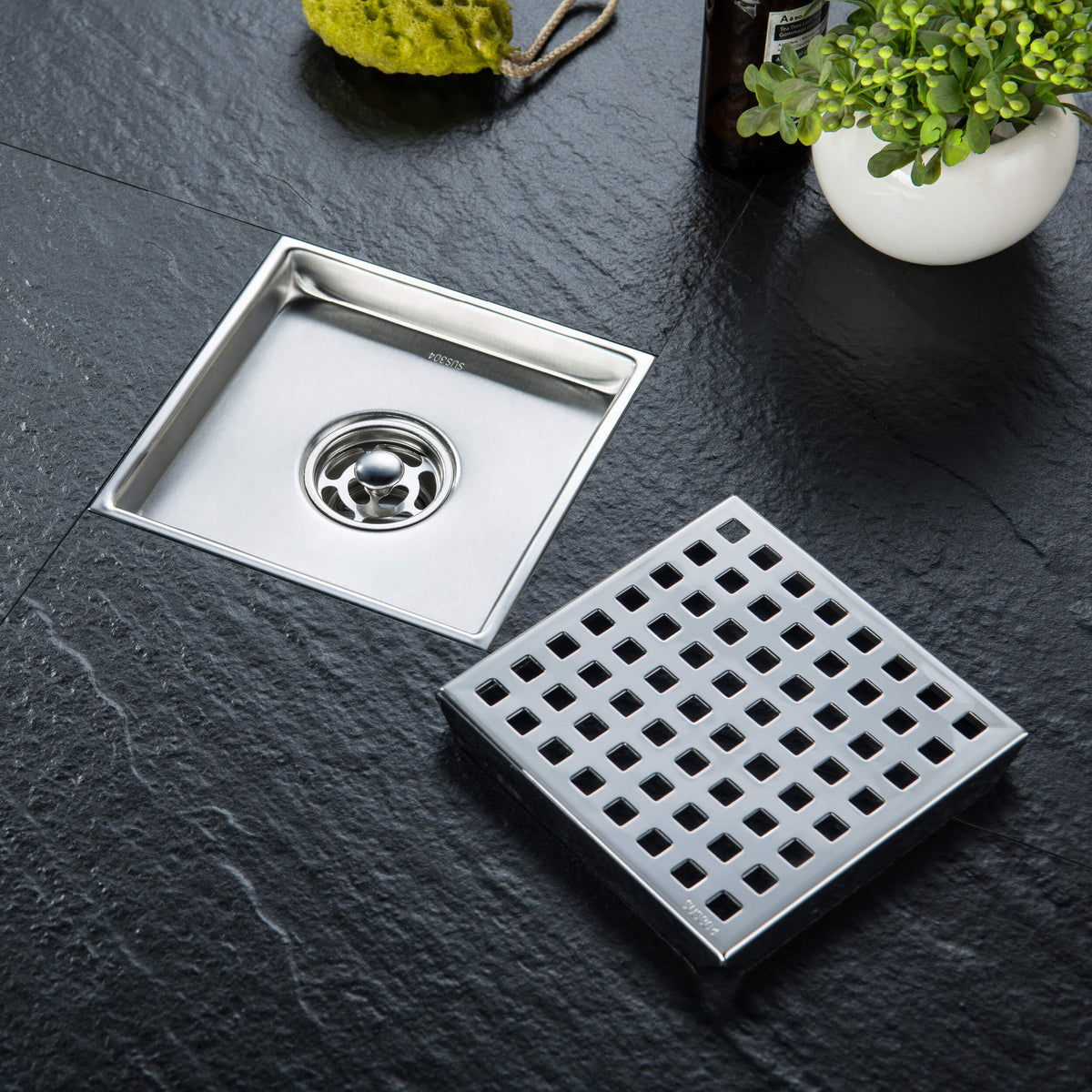 6 inch Square Shower Drain with Square Grid Grate - CFD-0602