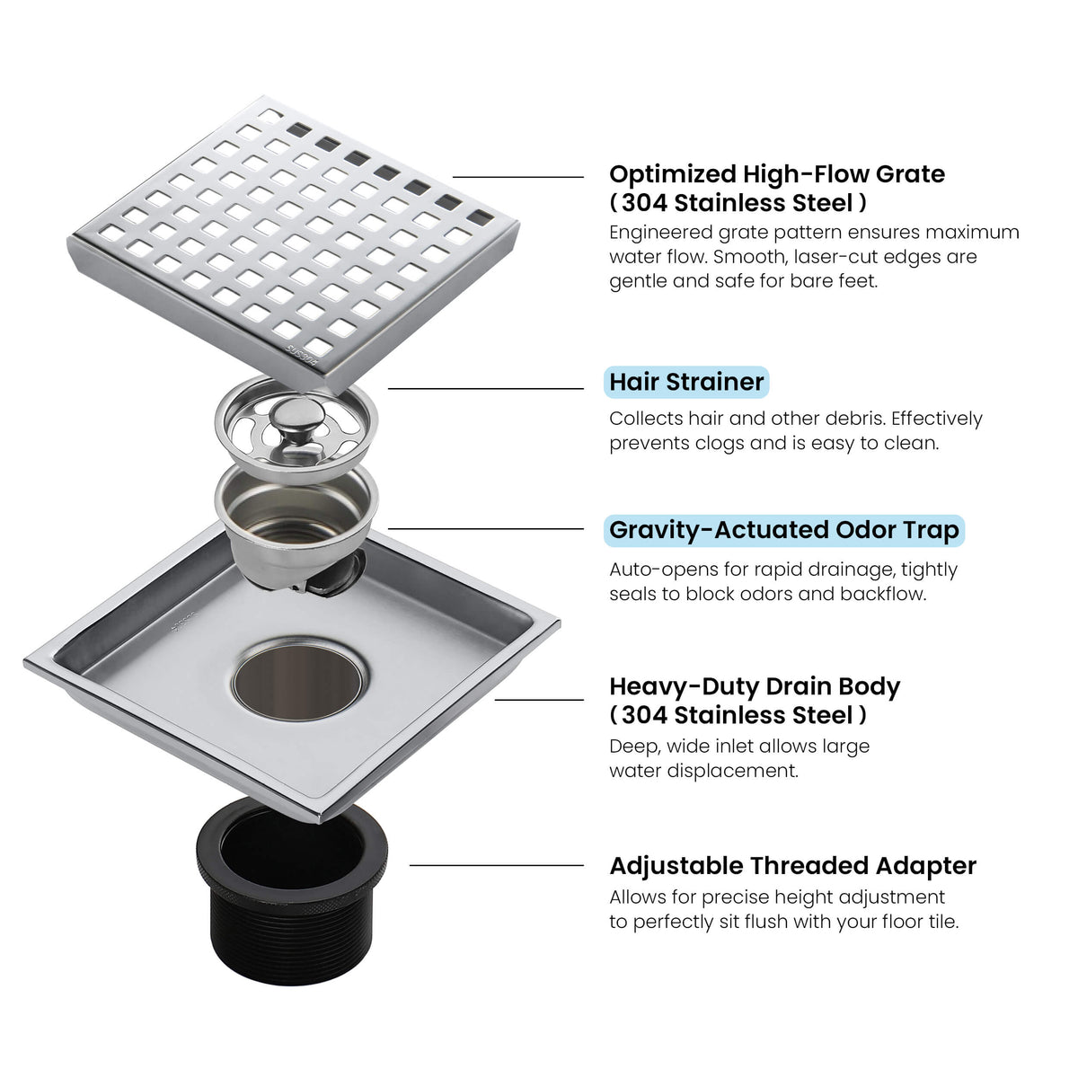 6 inch Square Shower Drain with Square Grid Grate - CFD-0602
