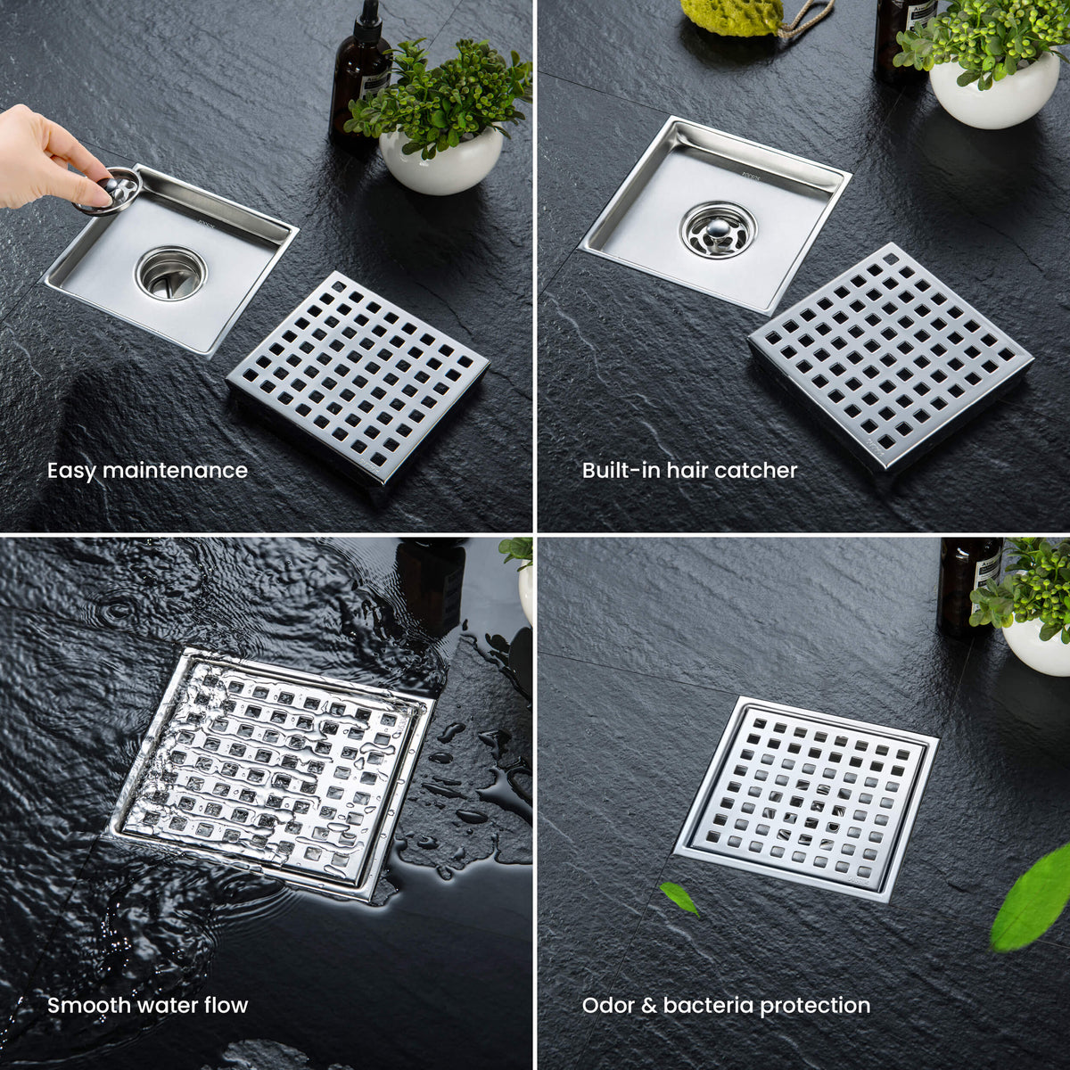 6 inch Square Shower Drain with Square Grid Grate - CFD-0602