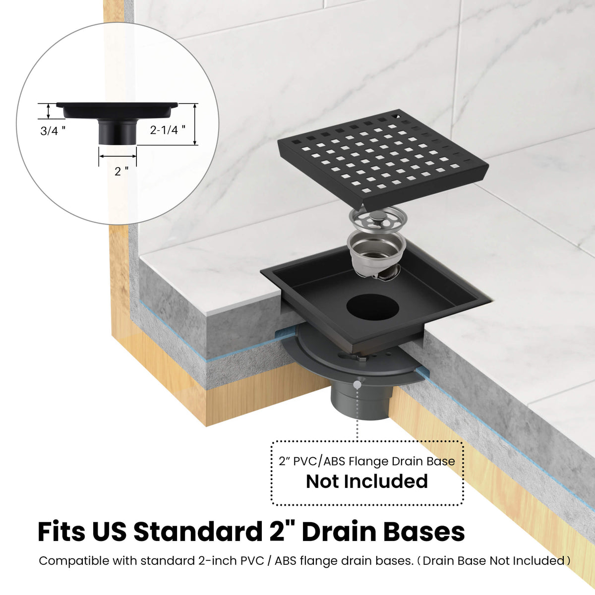 6 inch Square Shower Drain with Square Grid Grate - CFD-0602