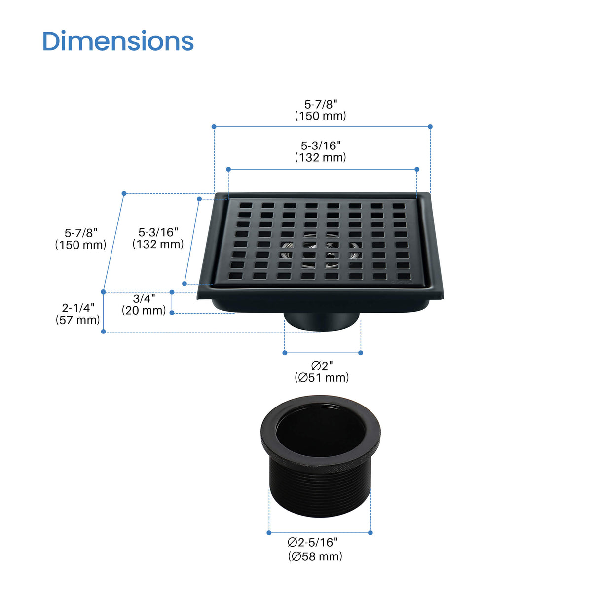 6 inch Square Shower Drain with Square Grid Grate - CFD-0602